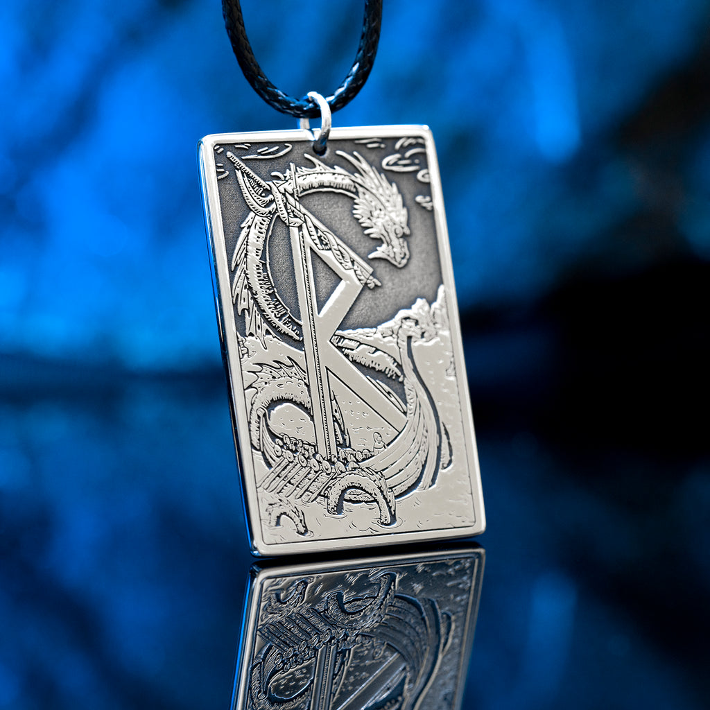 Raidho rune pendant with Elder Futhark symbol engraved as a Viking travel talisman necklace