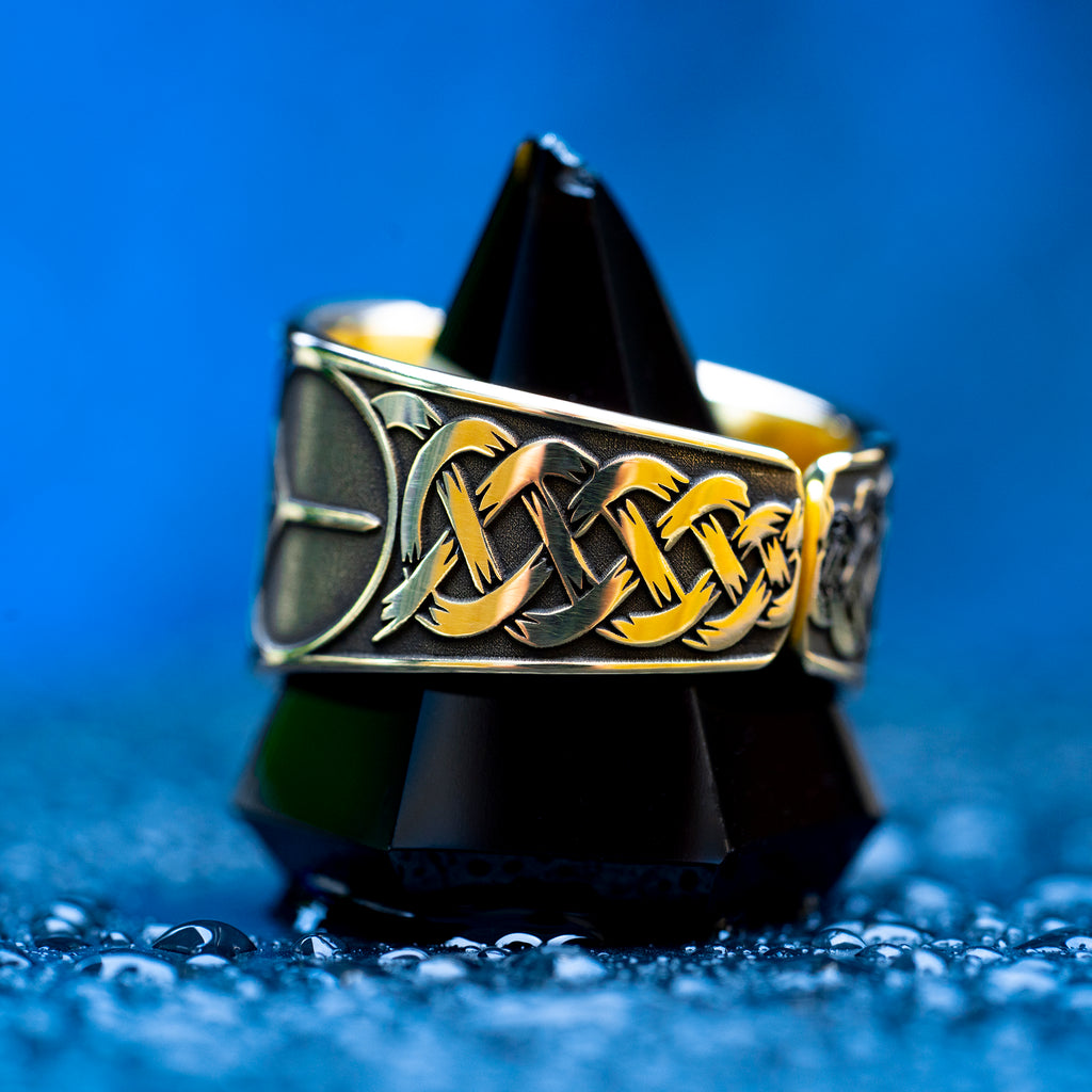 Helm of Awe ring with Ansuz and Algiz runes engraved as a Norse protection talisman