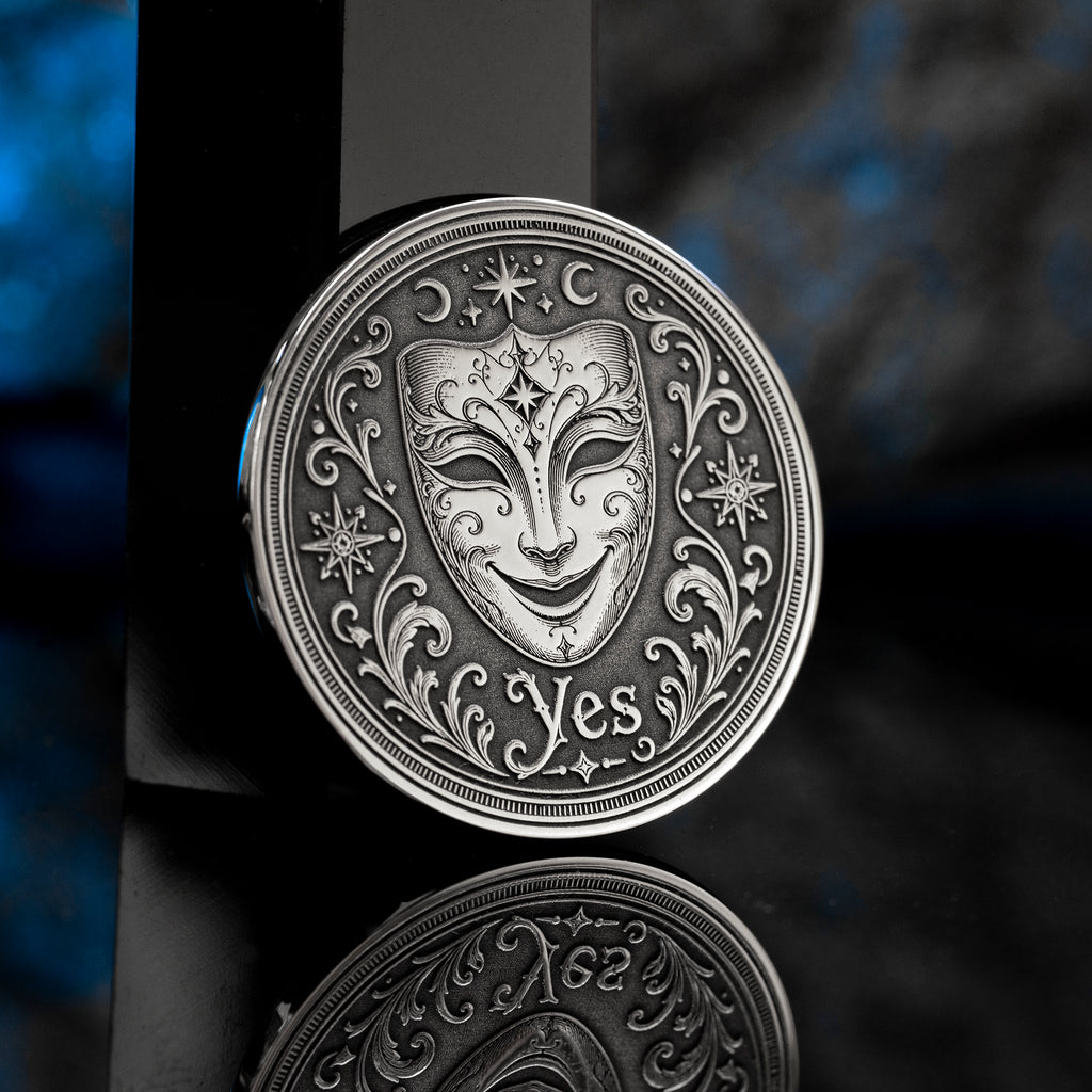 Theater Mask Decision Coin: Yes No Oracle Flip Token, Comedy Tragedy Talisman