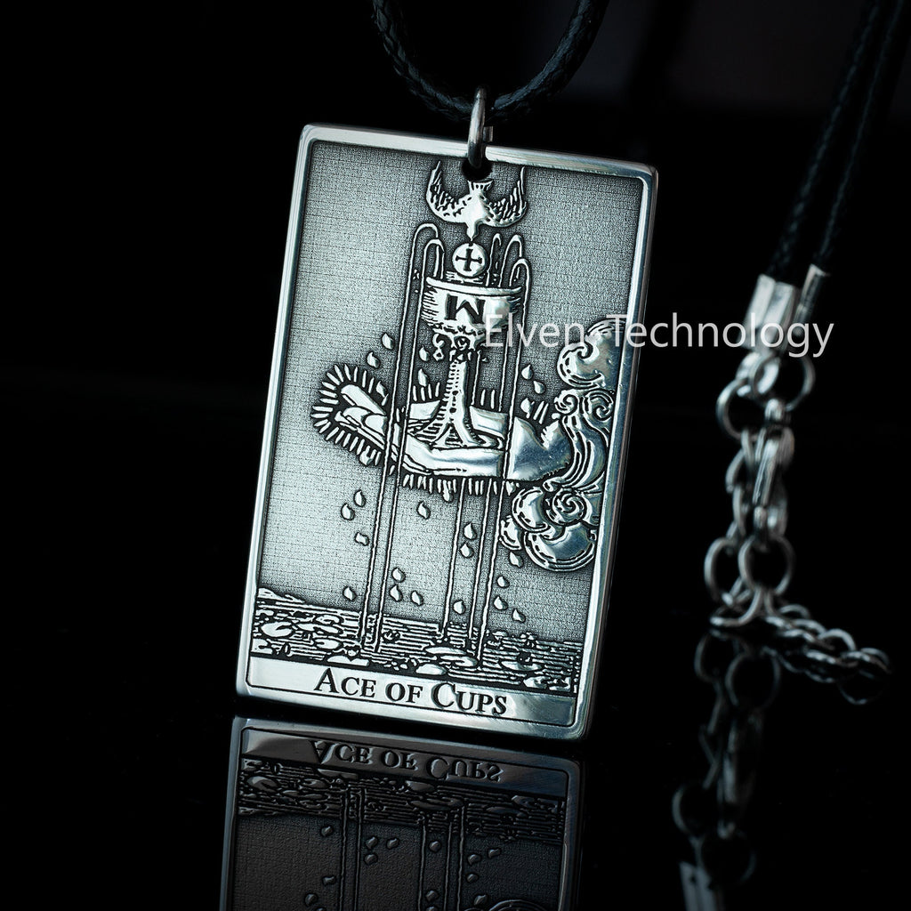 Ace Of Cups Tarot Card Pendant: Stainless Steel Occult Amulet