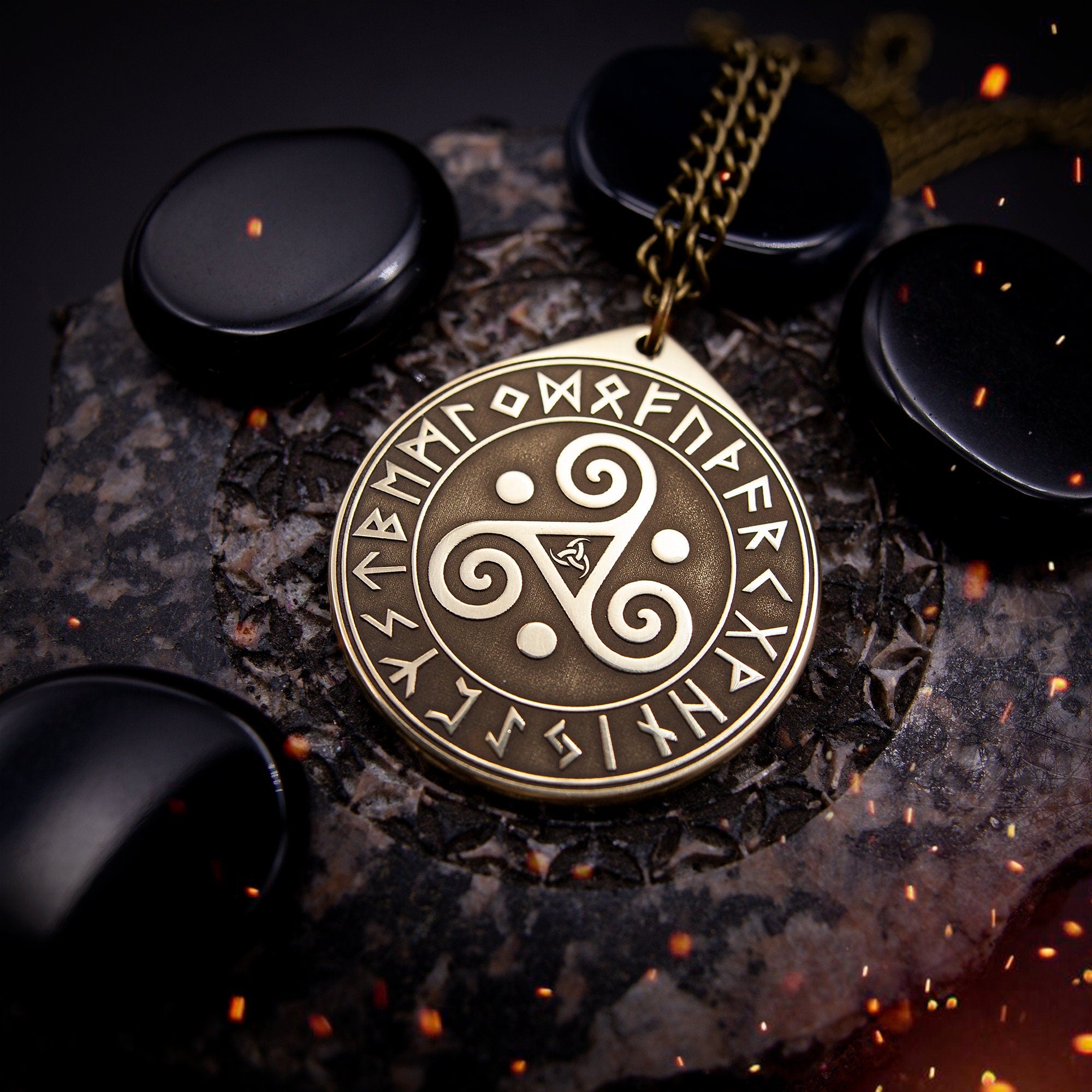 Triskele Triple Spiral Triskelion symbol in Rune Circle, Viking amulet, Scandinavian pendant, occult magic pagan talisman celtic amulet