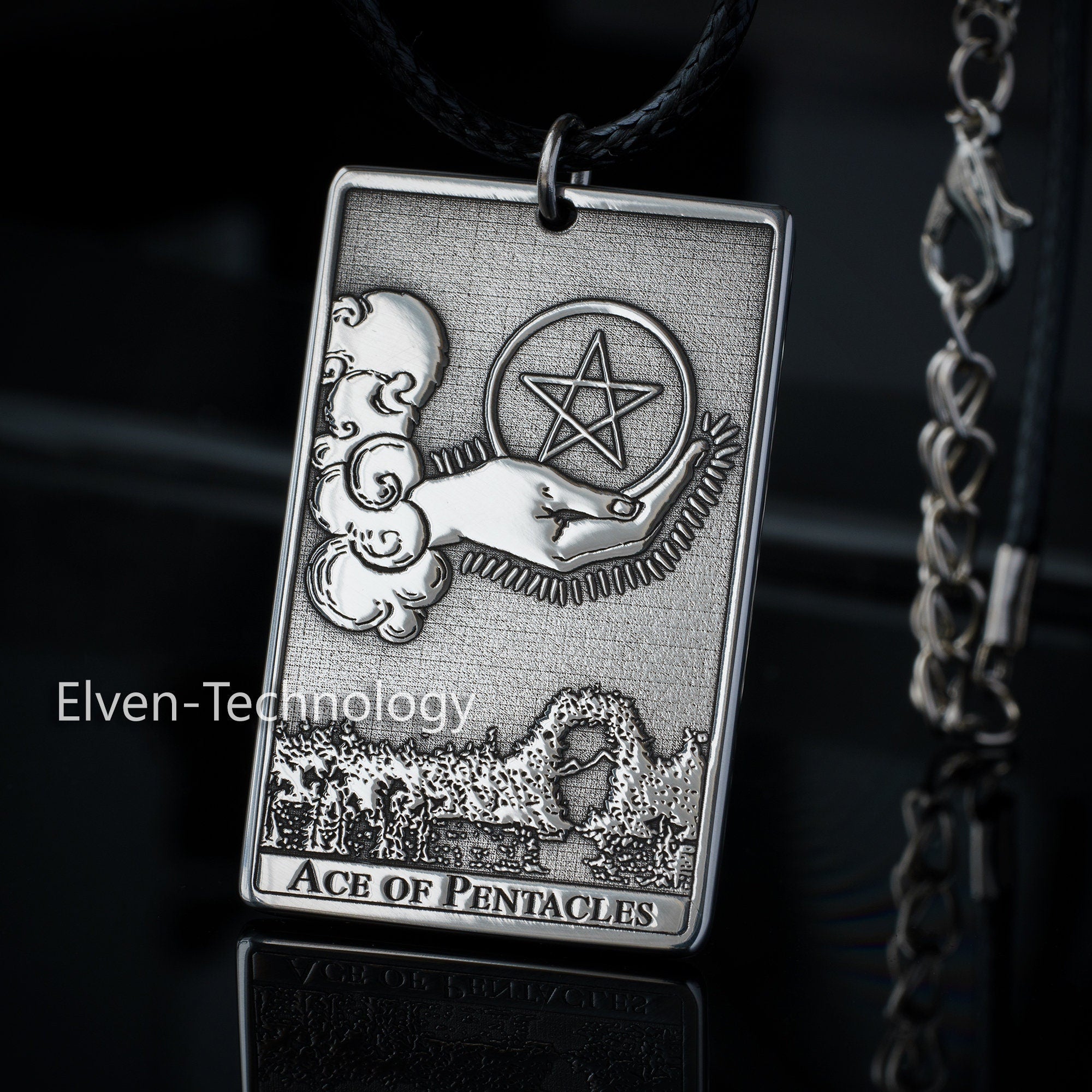 Ace of Pentacles Tarot Card Pendant: Stainless Steel Kabbalah Amulet