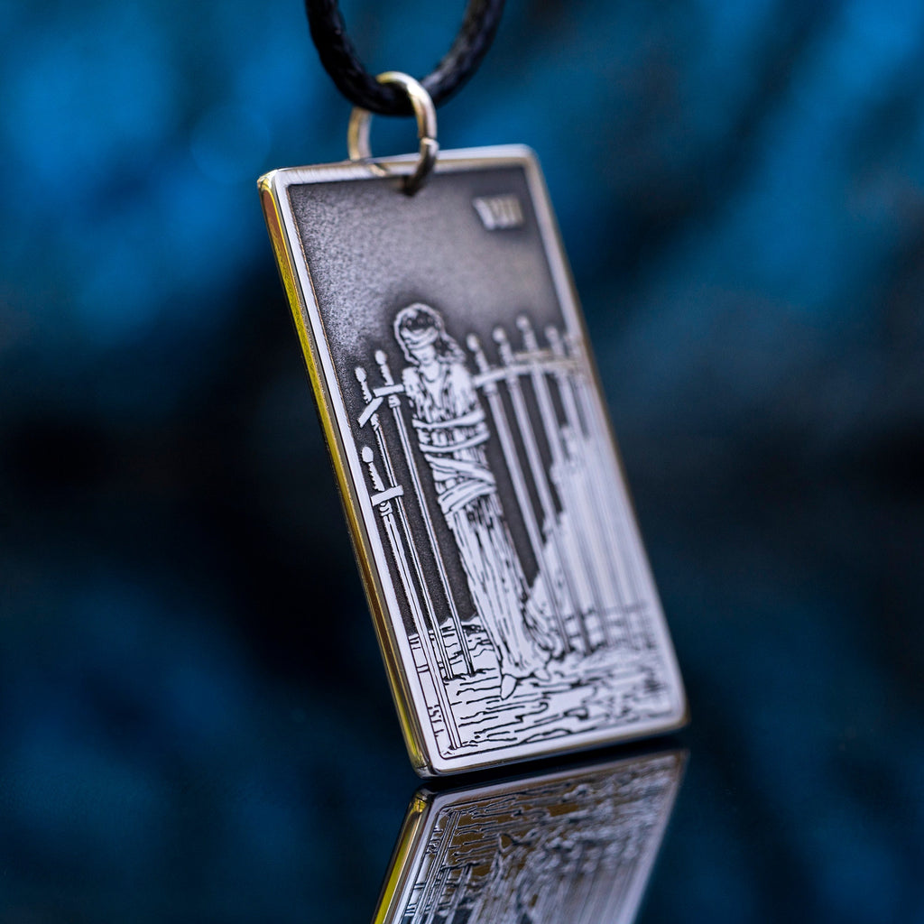 Eight of Swords Tarot Card Pendant: Stainless Steel Occult Amulet