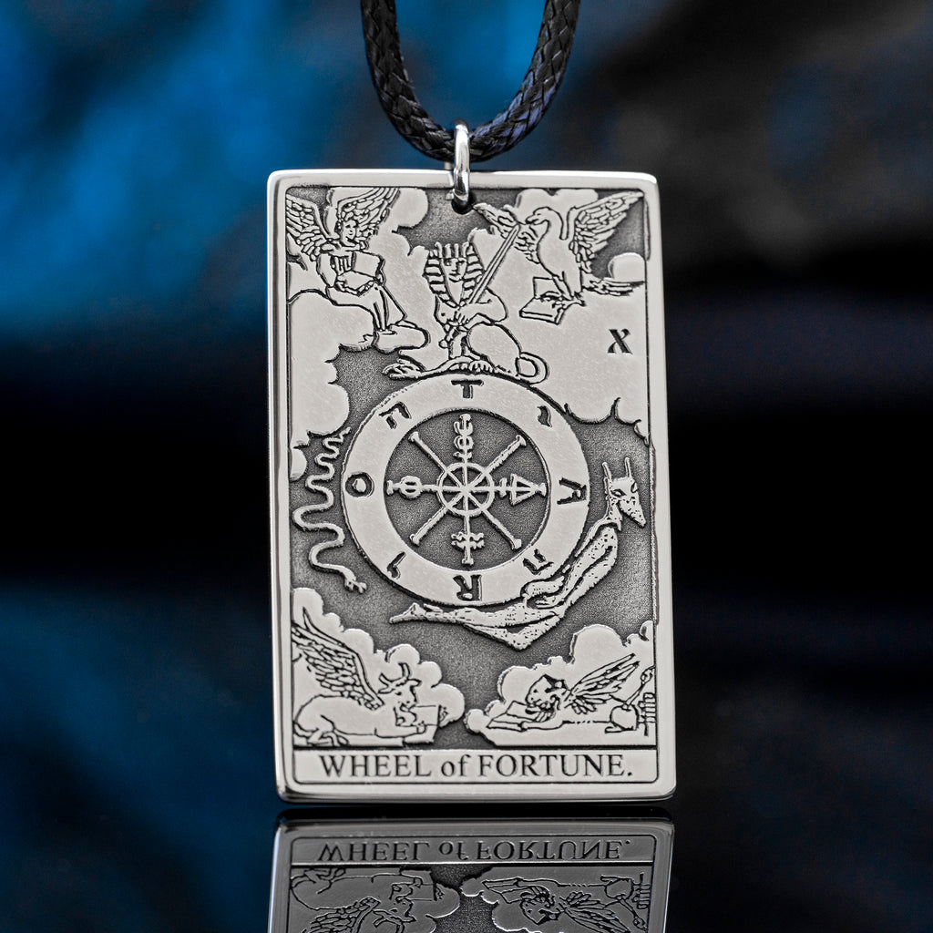 Wheel of Fortune Tarot Card Pendant: Stainless Steel Occult Amulet