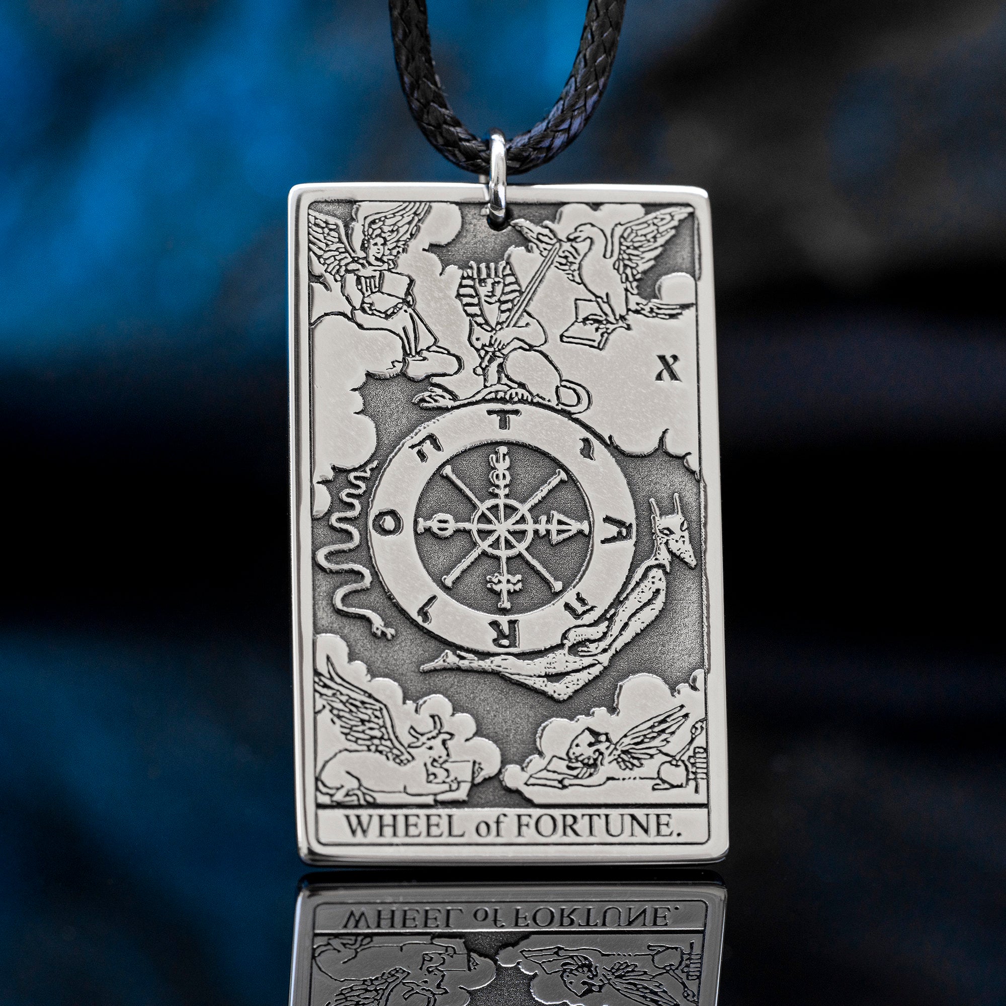 Wheel of Fortune Tarot Card Pendant: Stainless Steel Occult Amulet