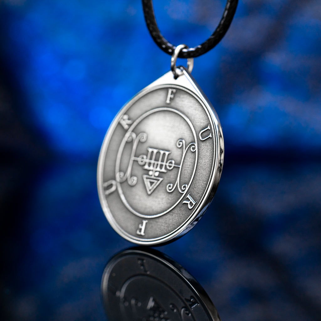 Double-sided Furfur pendant with Ars Goetia seal, storm demon portrait, lightning, thunder, love magic, and occult talisman symbolism