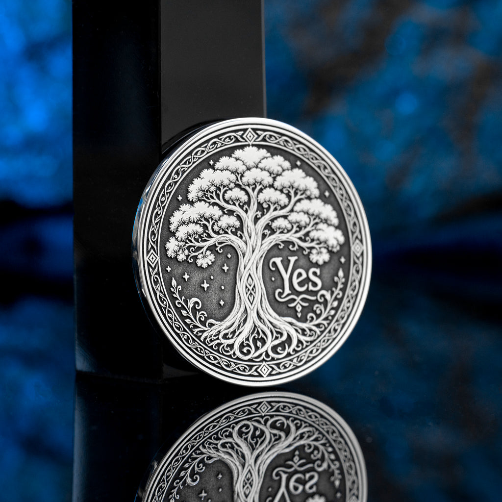 Double-sided tree decision coin with Yes and No sides symbolizing growth, decay, life, and fate