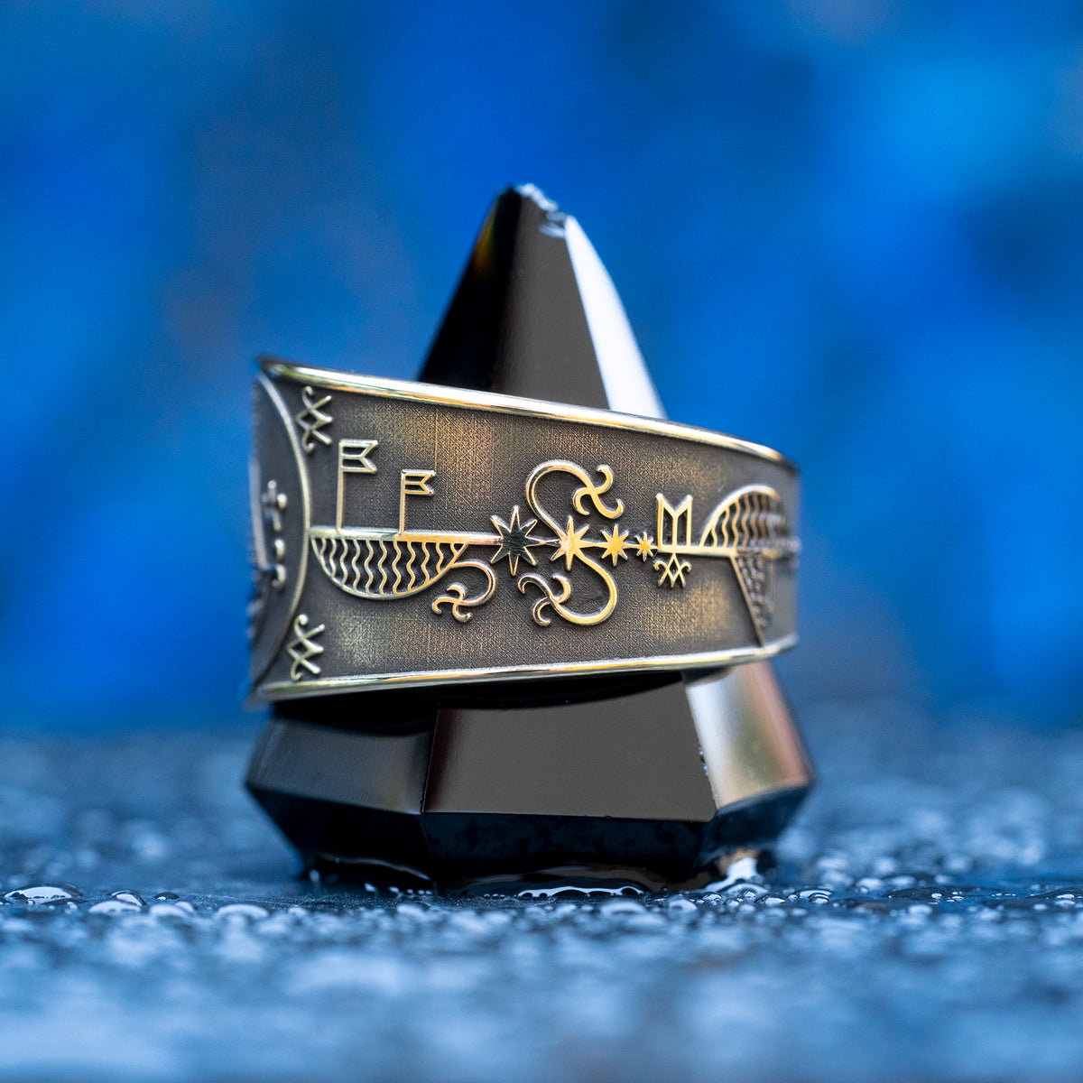 Agwe ring with Haitian Vodou veve symbolism of the sea, sailors, fishermen, ships, ocean protection, safe passage, and spiritual guidance