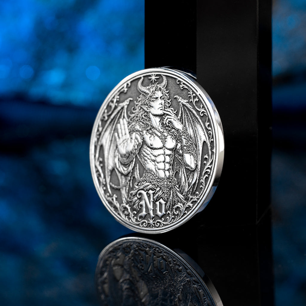 Double-sided angel demon decision coin with Yes and No sides for oracle-style choices