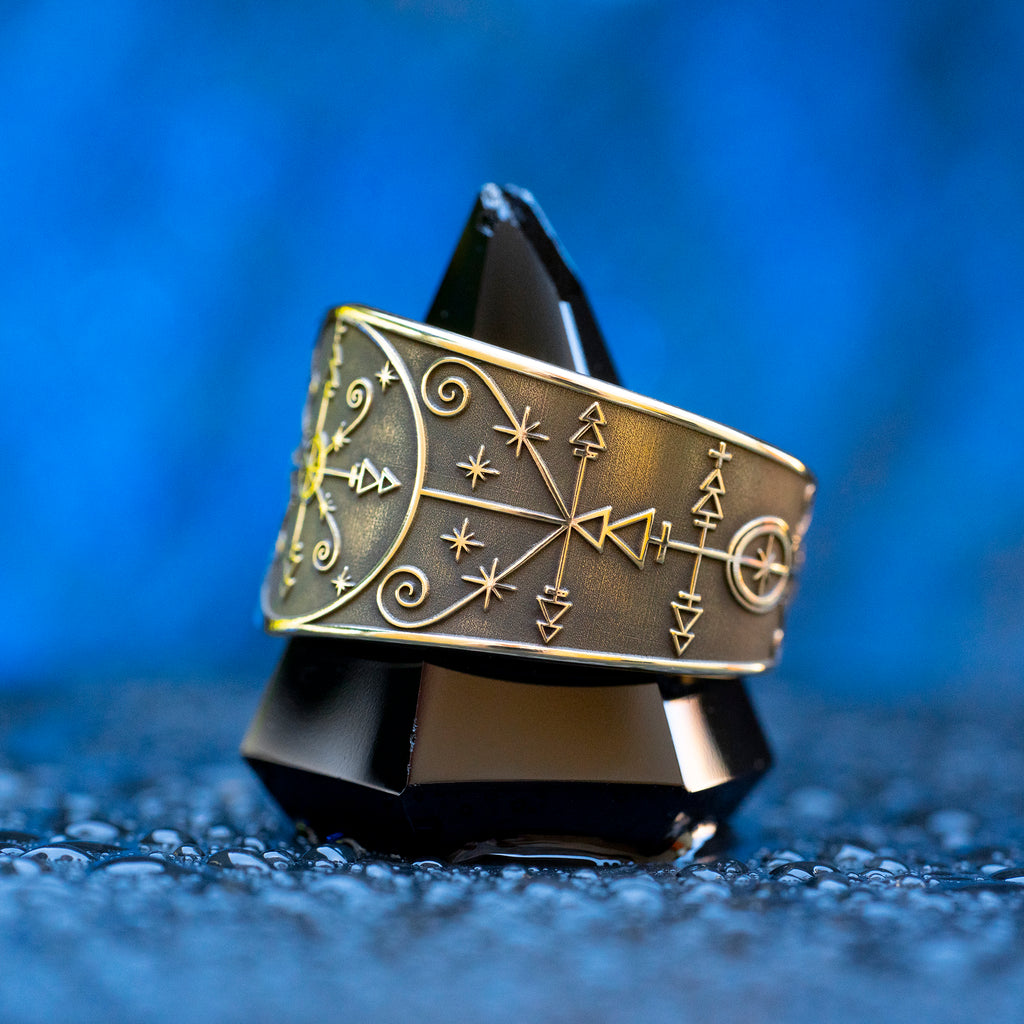 Met Kalfou ring with Vodou veve symbolism of crossroads, night gates, road opening, road closing, and spiritual protection
