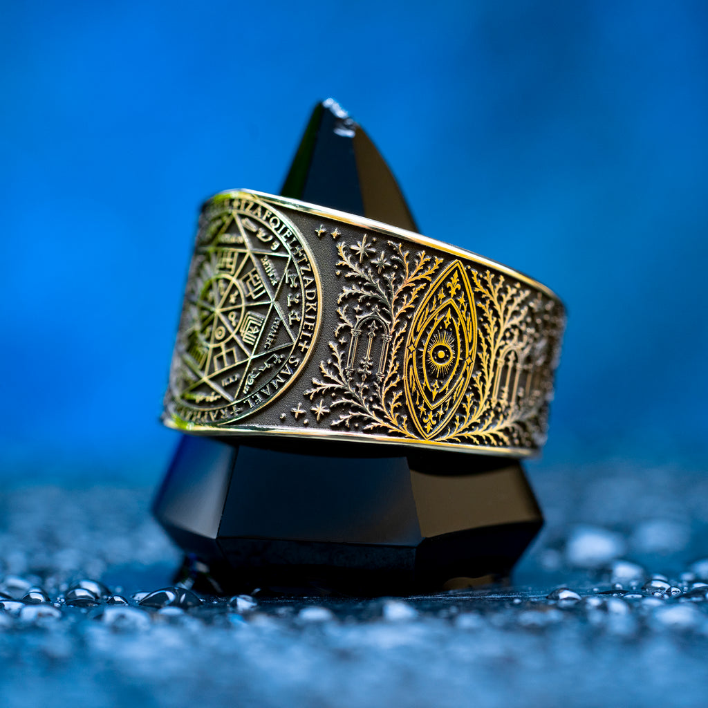 Celestial archangel seal ring with an angelic portal design and thorned vines, inspired by guardian angels, occult talismans, and the path through thorns to the stars