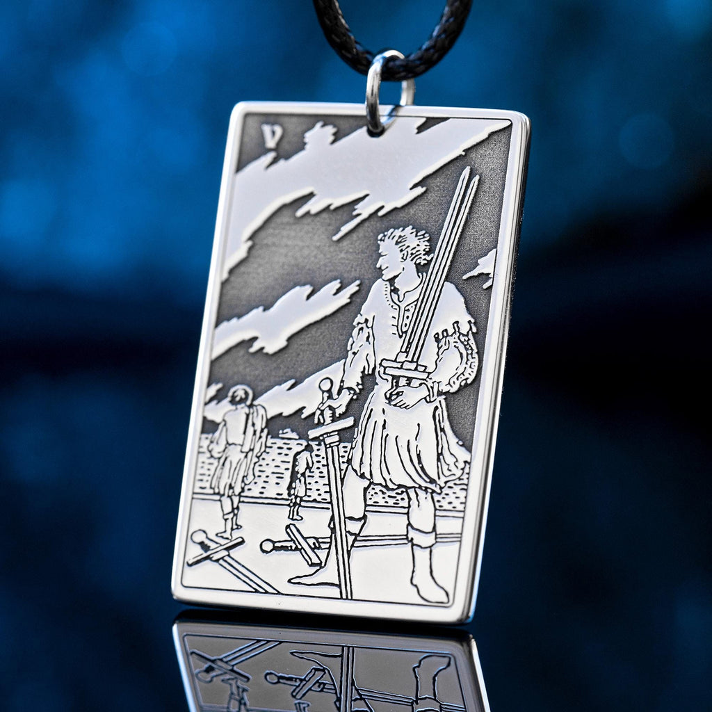 Five of Swords Tarot Card Pendant: Stainless Steel Occult Amulet