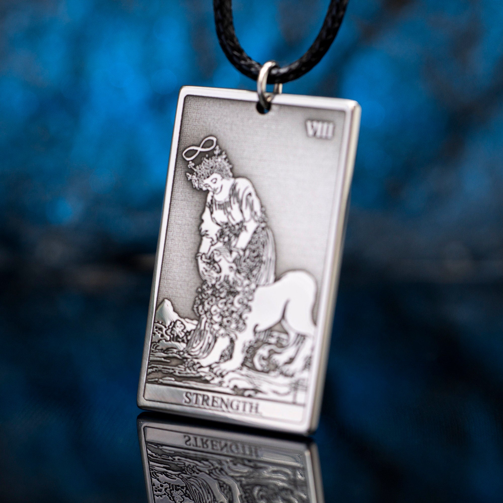 Strength Tarot Card Pendant: Stainless Steel Occult Amulet