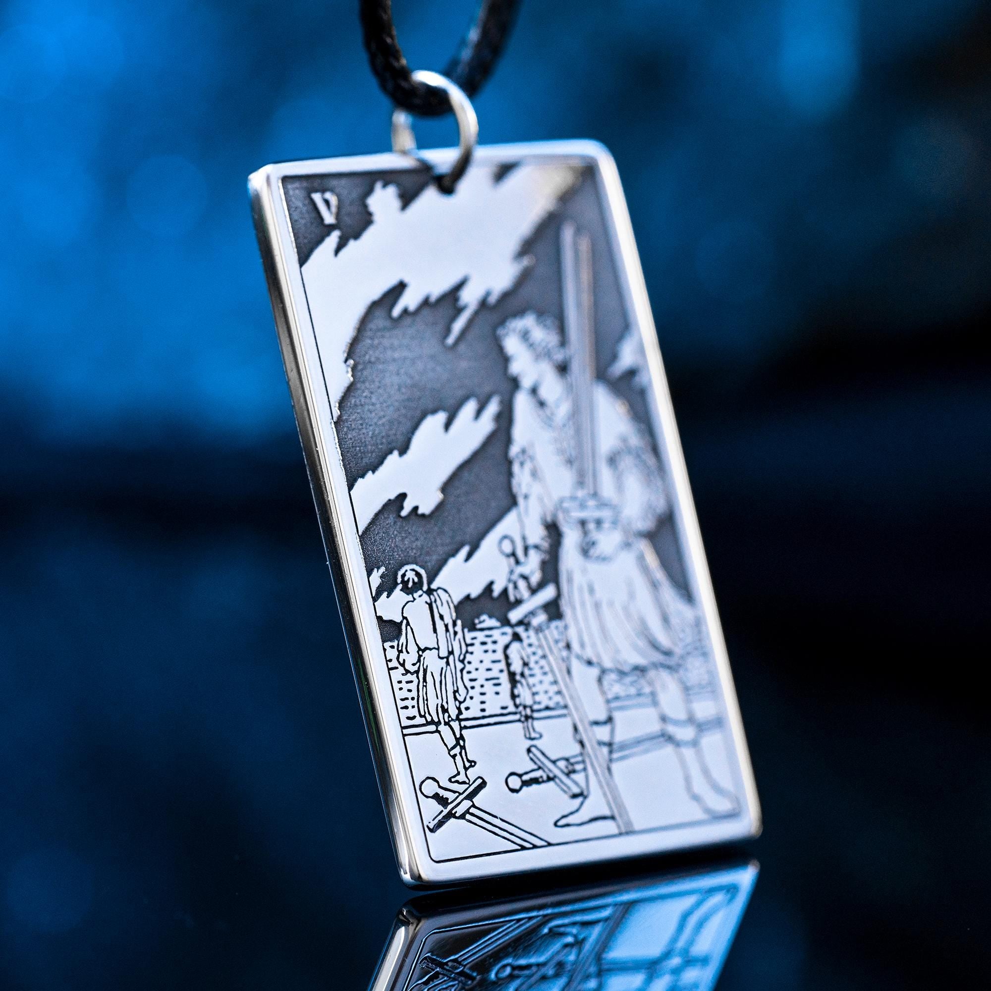Five of Swords Tarot Card Pendant: Stainless Steel Occult Amulet