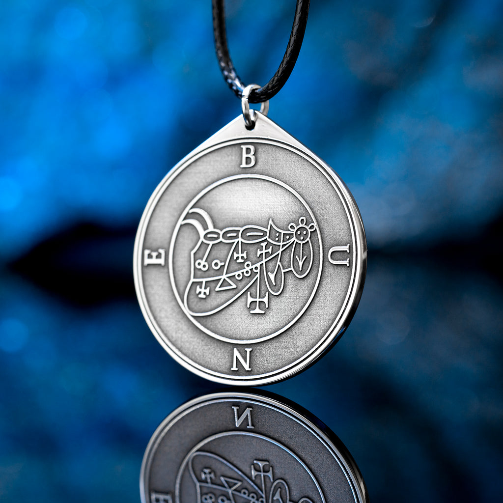 Bune seal pendant with Goetia demon sigil engraved on a dark occult amulet necklace