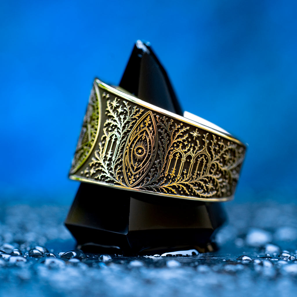 Celestial archangel seal ring with an angelic portal design and thorned vines, inspired by guardian angels, occult talismans, and the path through thorns to the stars