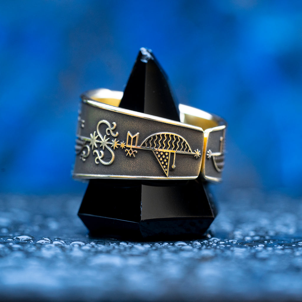 Agwe ring with Haitian Vodou veve symbolism of the sea, sailors, fishermen, ships, ocean protection, safe passage, and spiritual guidance