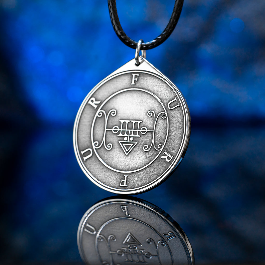 Double-sided Furfur pendant with Ars Goetia seal, storm demon portrait, lightning, thunder, love magic, and occult talisman symbolism