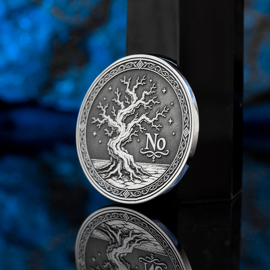 Double-sided tree decision coin with Yes and No sides symbolizing growth, decay, life, and fate