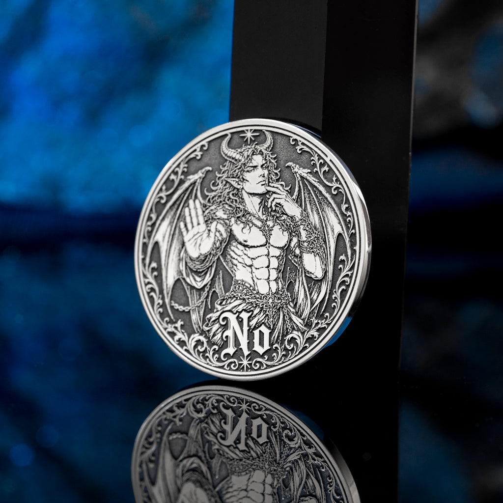 Double-sided angel demon decision coin with Yes and No sides for oracle-style choices