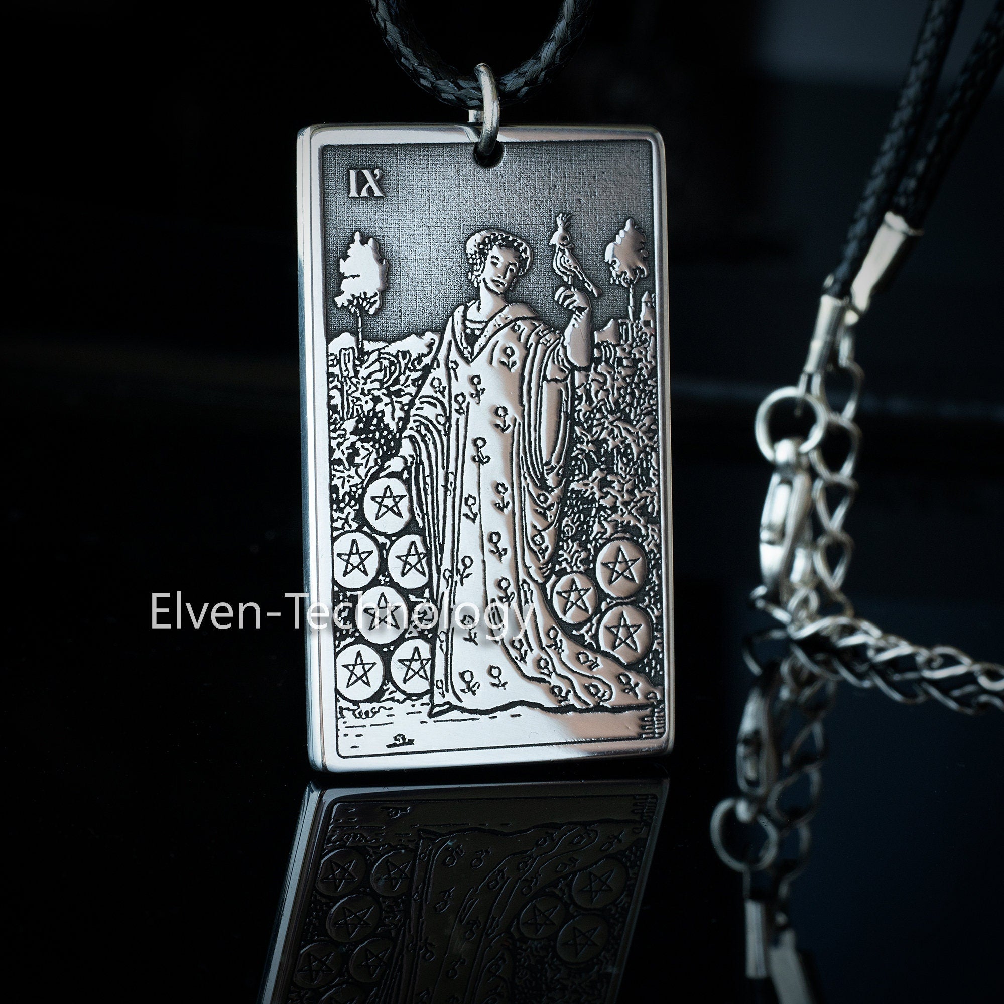 Nine of Pentacles Tarot Card Pendant: Major Arcana Occult Amulet