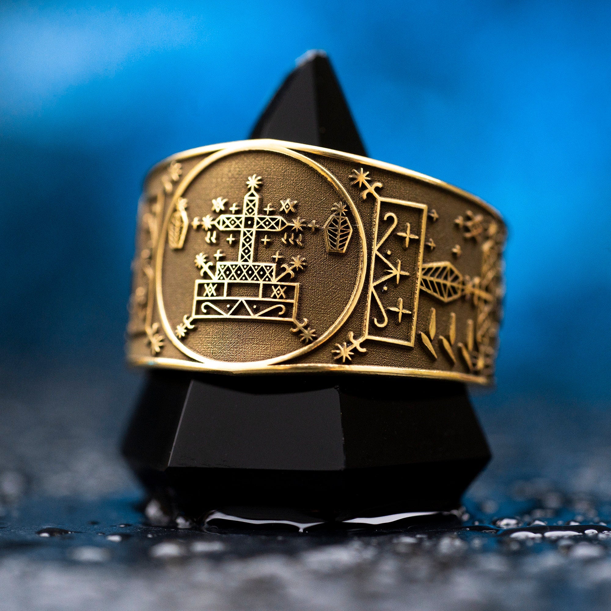 Baron Samedi Brass Ring: Vodou Veve Amulet, Adjustable