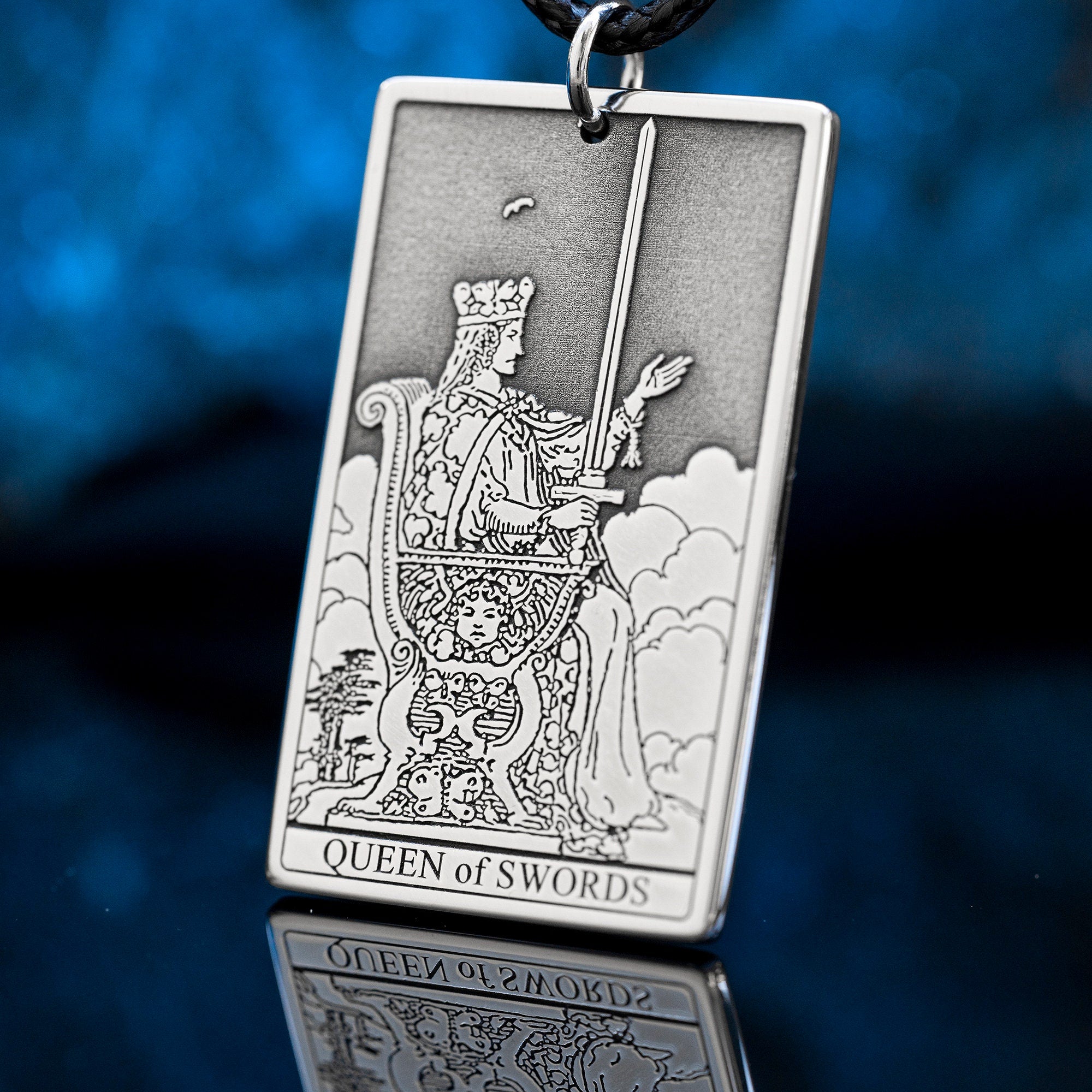 Queen of Swords Tarot Card Pendant: Stainless Steel Occult Amulet