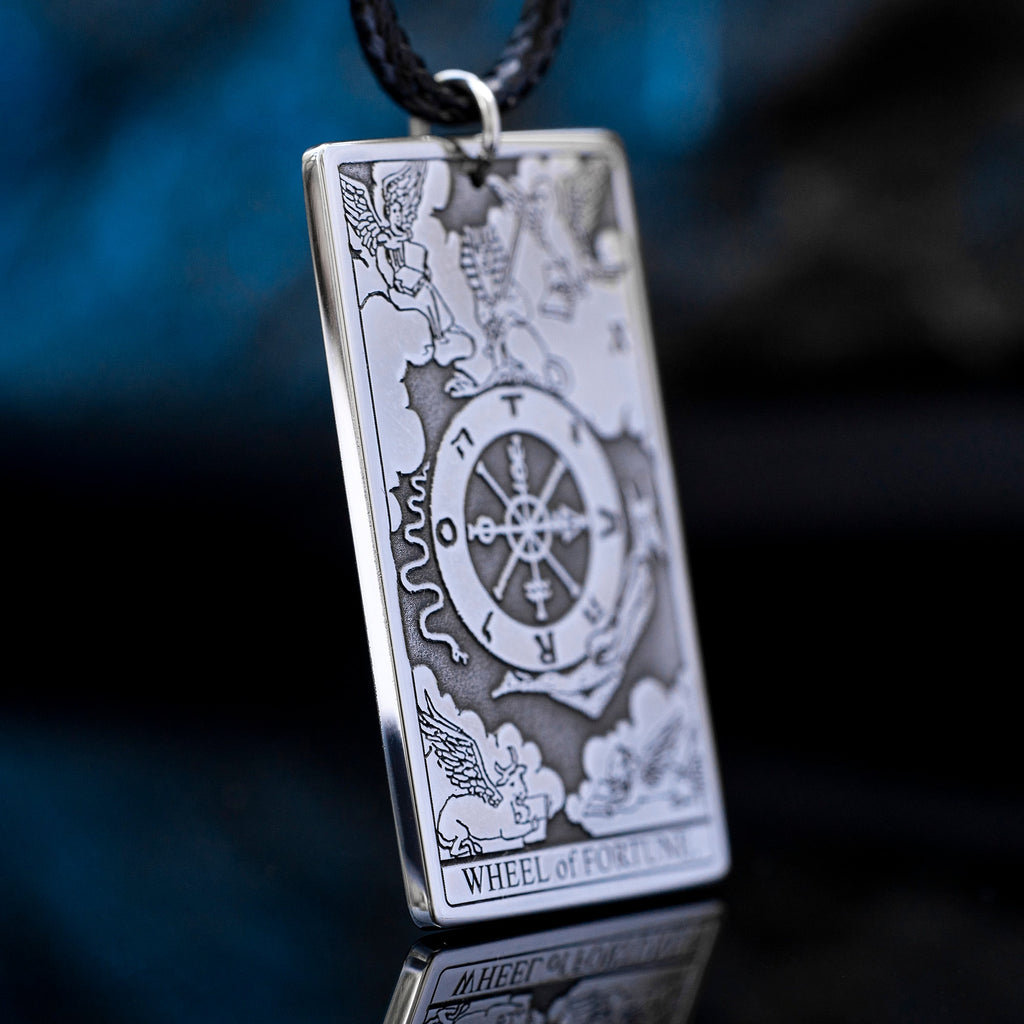 Wheel of Fortune Tarot Card Pendant: Stainless Steel Occult Amulet