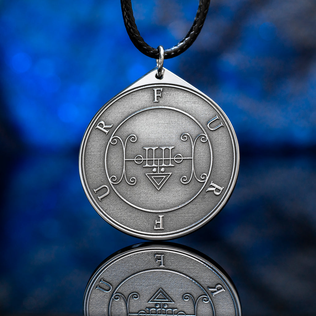 Double-sided Furfur pendant with Ars Goetia seal, storm demon portrait, lightning, thunder, love magic, and occult talisman symbolism