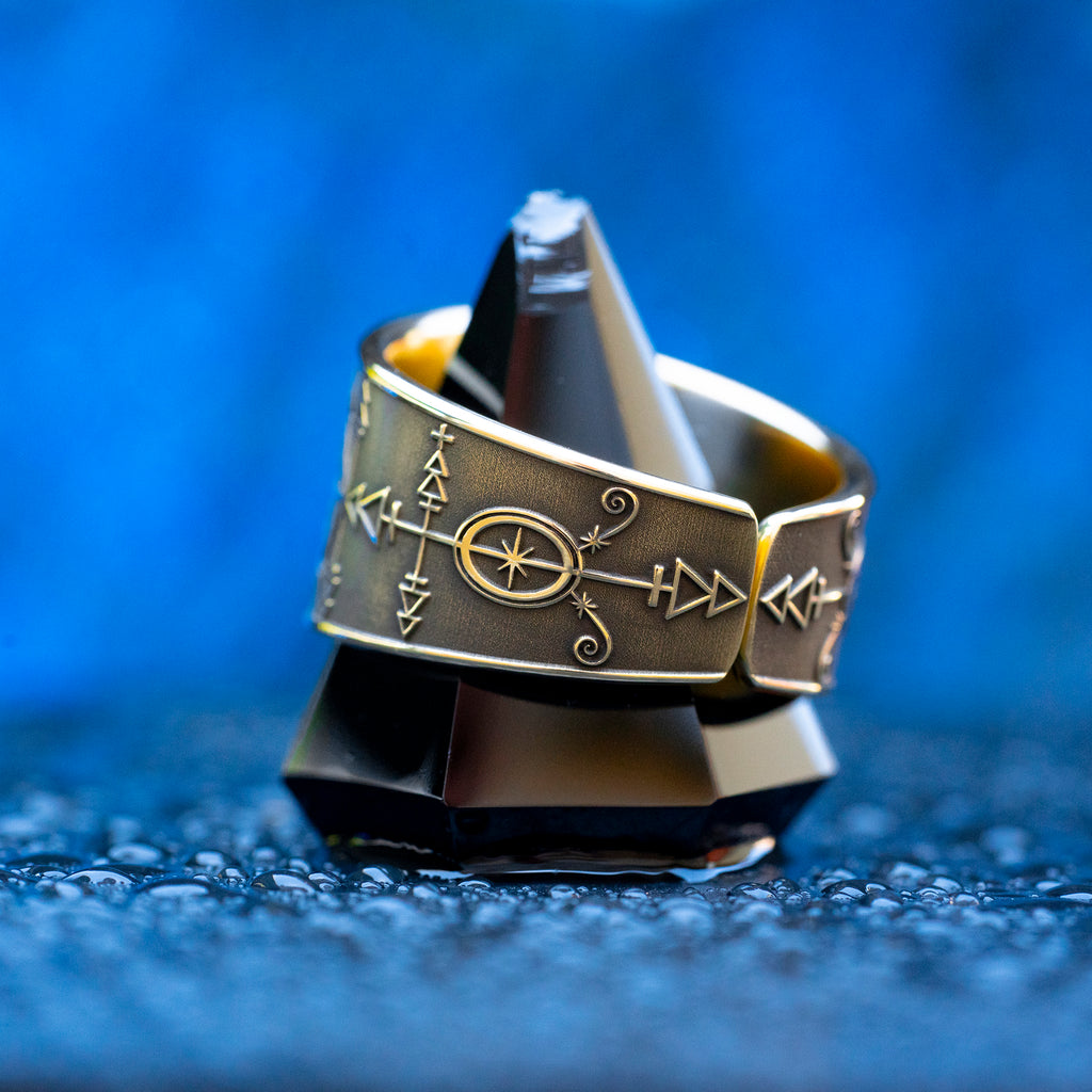 Met Kalfou ring with Vodou veve symbolism of crossroads, night gates, road opening, road closing, and spiritual protection