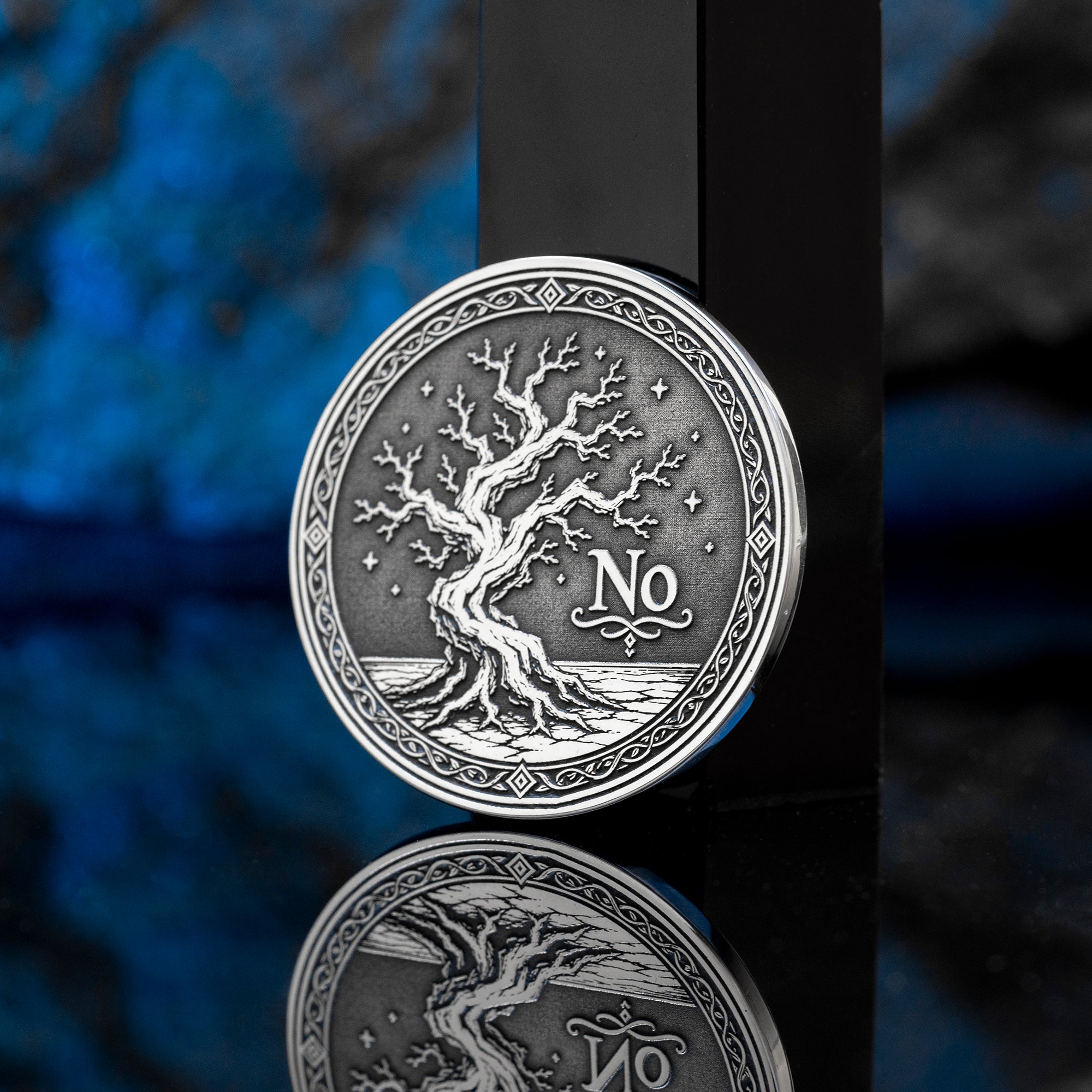 Double-sided tree decision coin with Yes and No sides symbolizing growth, decay, life, and fate