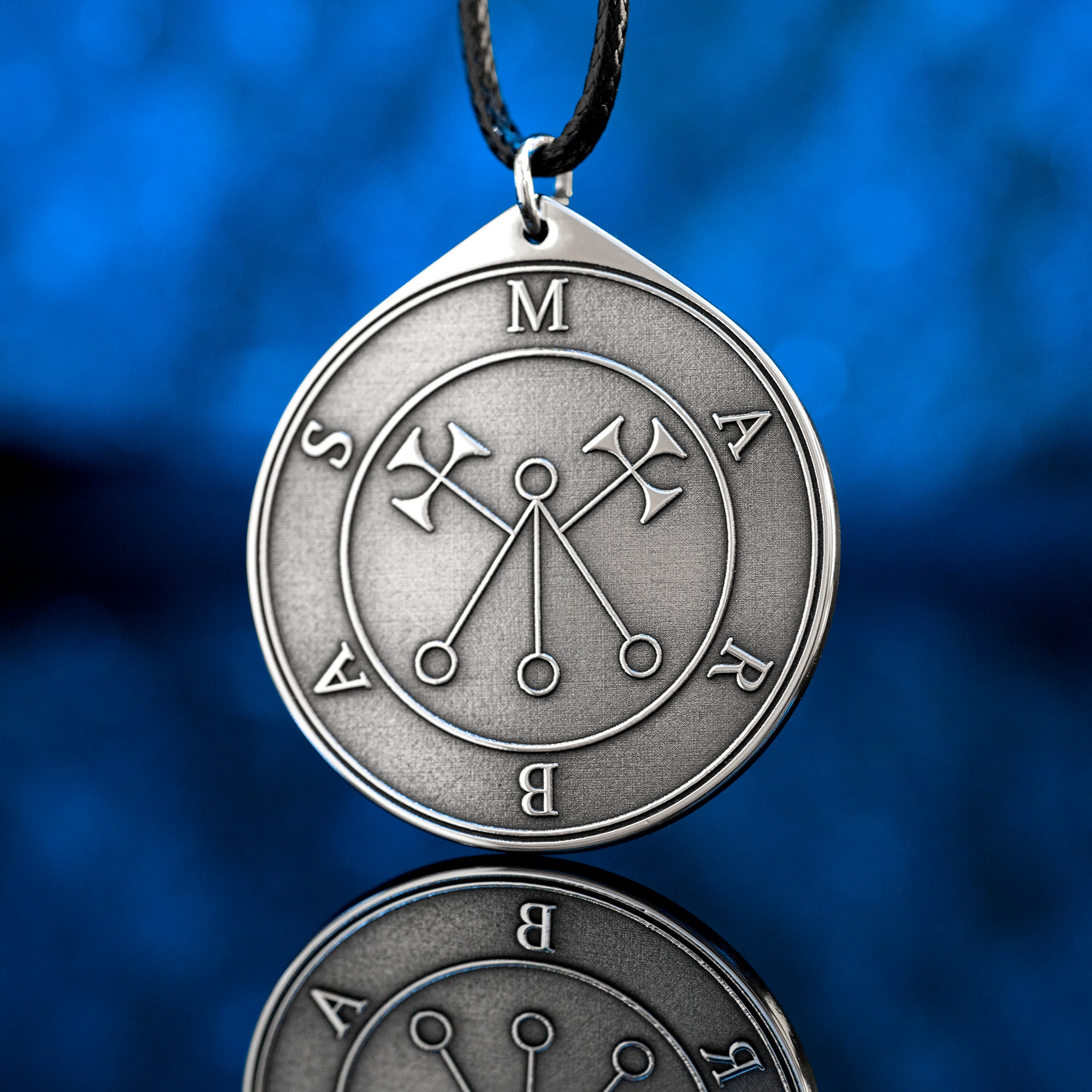 Marbas seal pendant with engraved Ars Goetia sigil associated with healing symbolism, secrets, and mechanical arts.