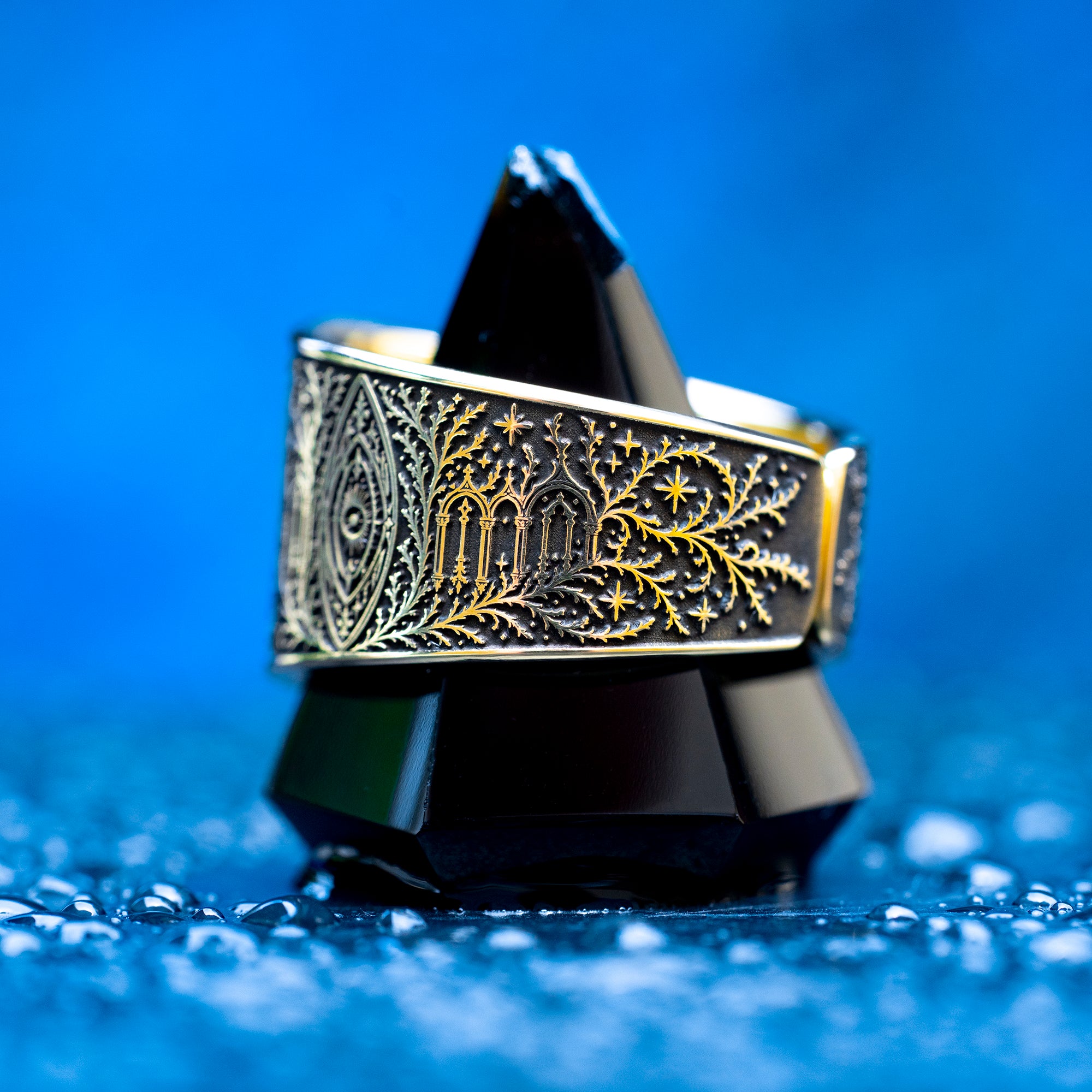 Celestial archangel seal ring with an angelic portal design and thorned vines, inspired by guardian angels, occult talismans, and the path through thorns to the stars