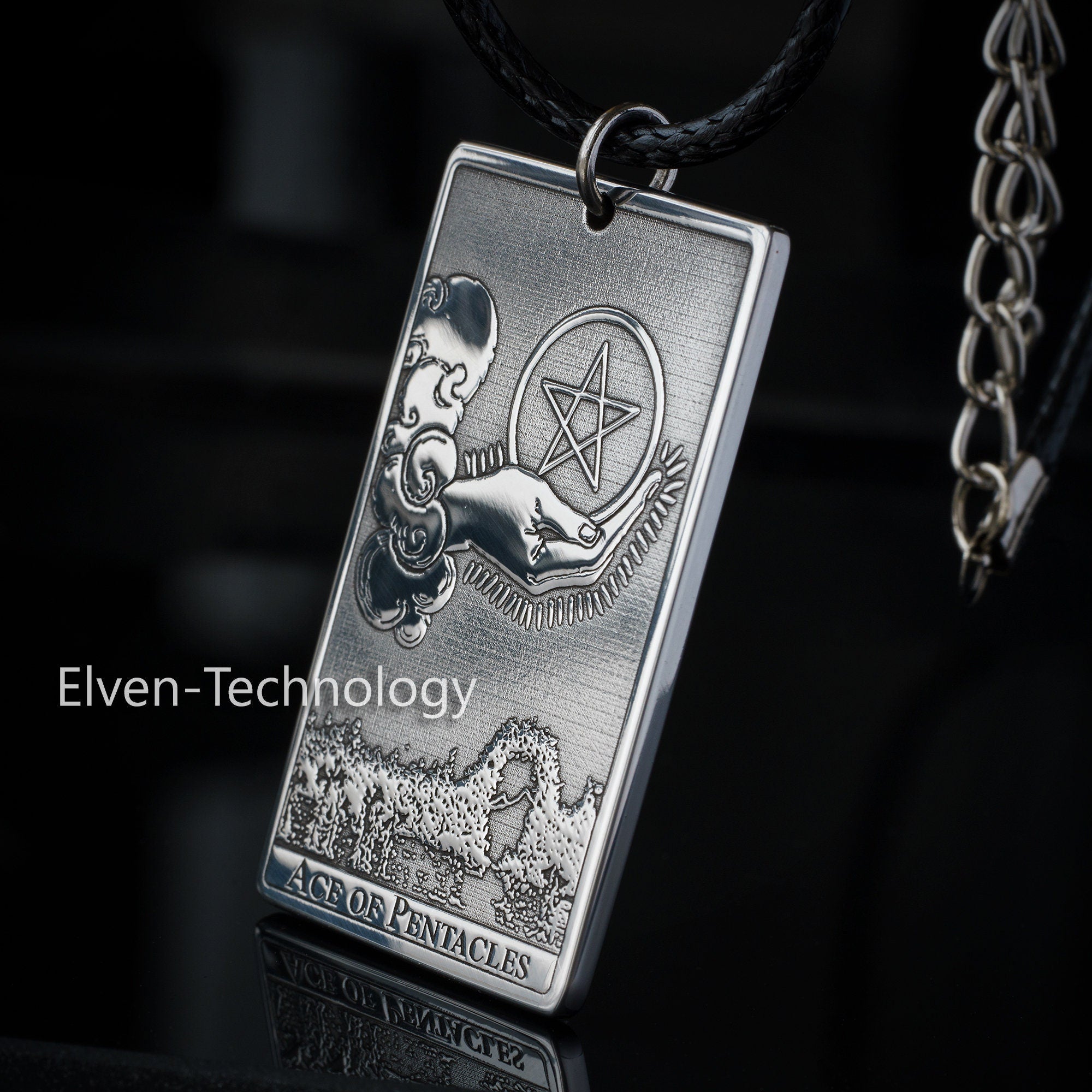 Ace of Pentacles Tarot Card Pendant: Stainless Steel Kabbalah Amulet
