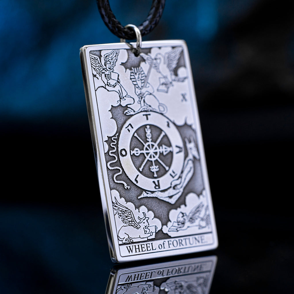 Wheel of Fortune Tarot Card Pendant: Stainless Steel Occult Amulet