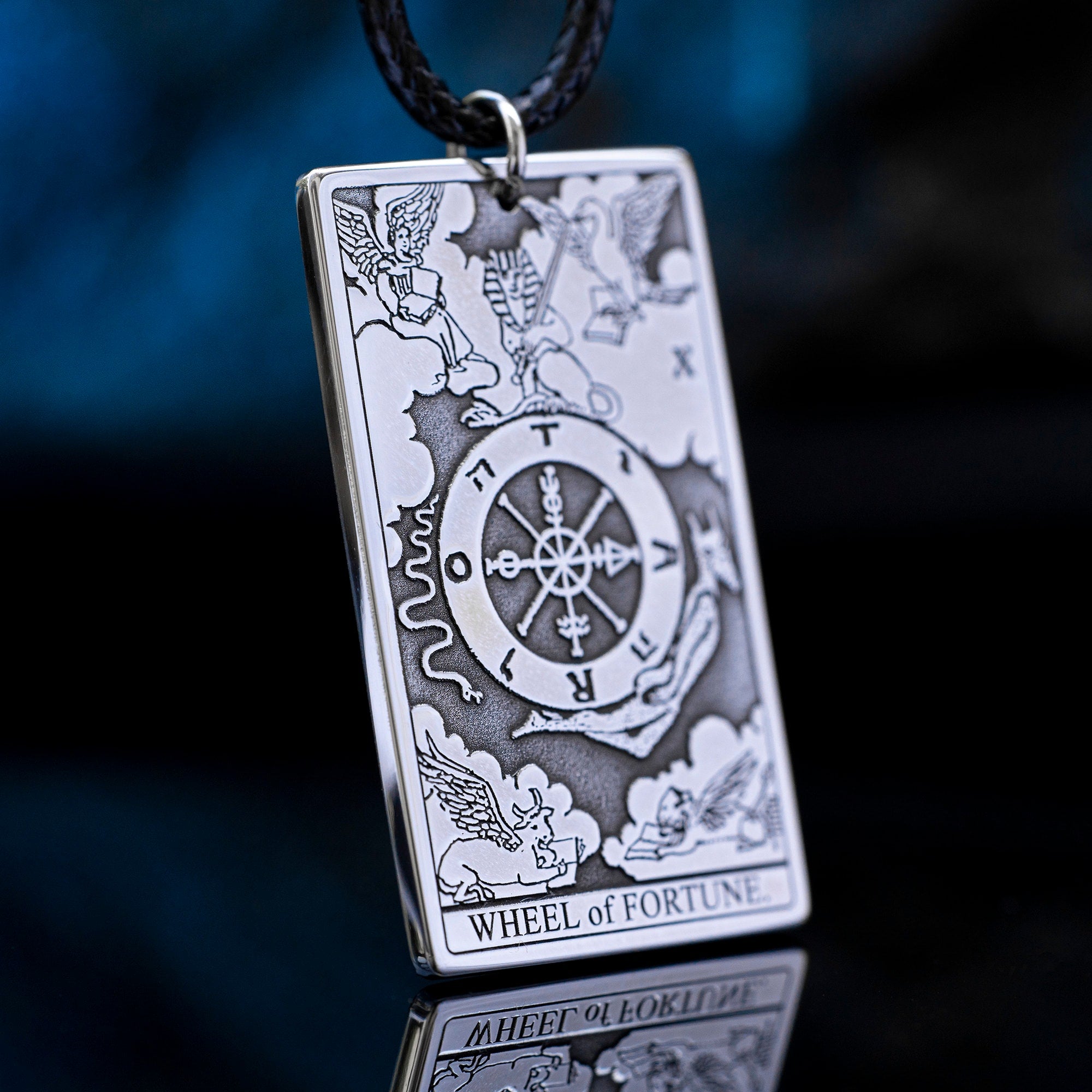 Wheel of Fortune Tarot Card Pendant: Stainless Steel Occult Amulet