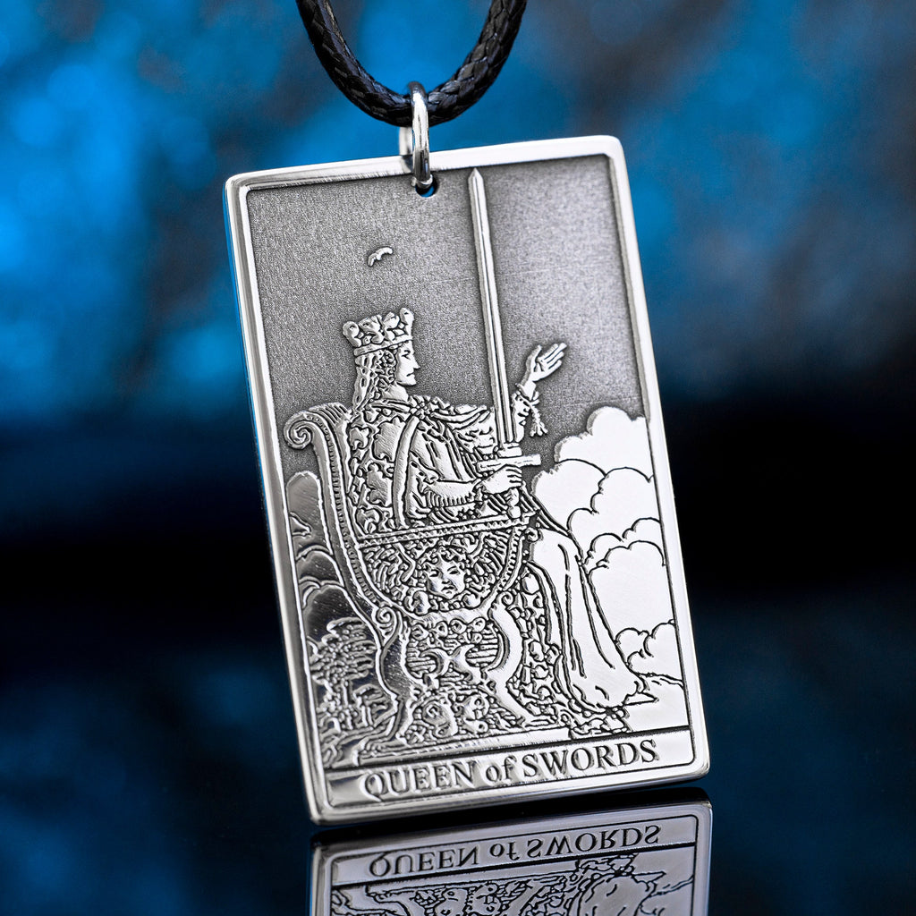 Queen of Swords Tarot Card Pendant: Stainless Steel Occult Amulet
