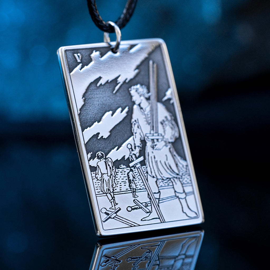 Five of Swords Tarot Card Pendant: Stainless Steel Occult Amulet