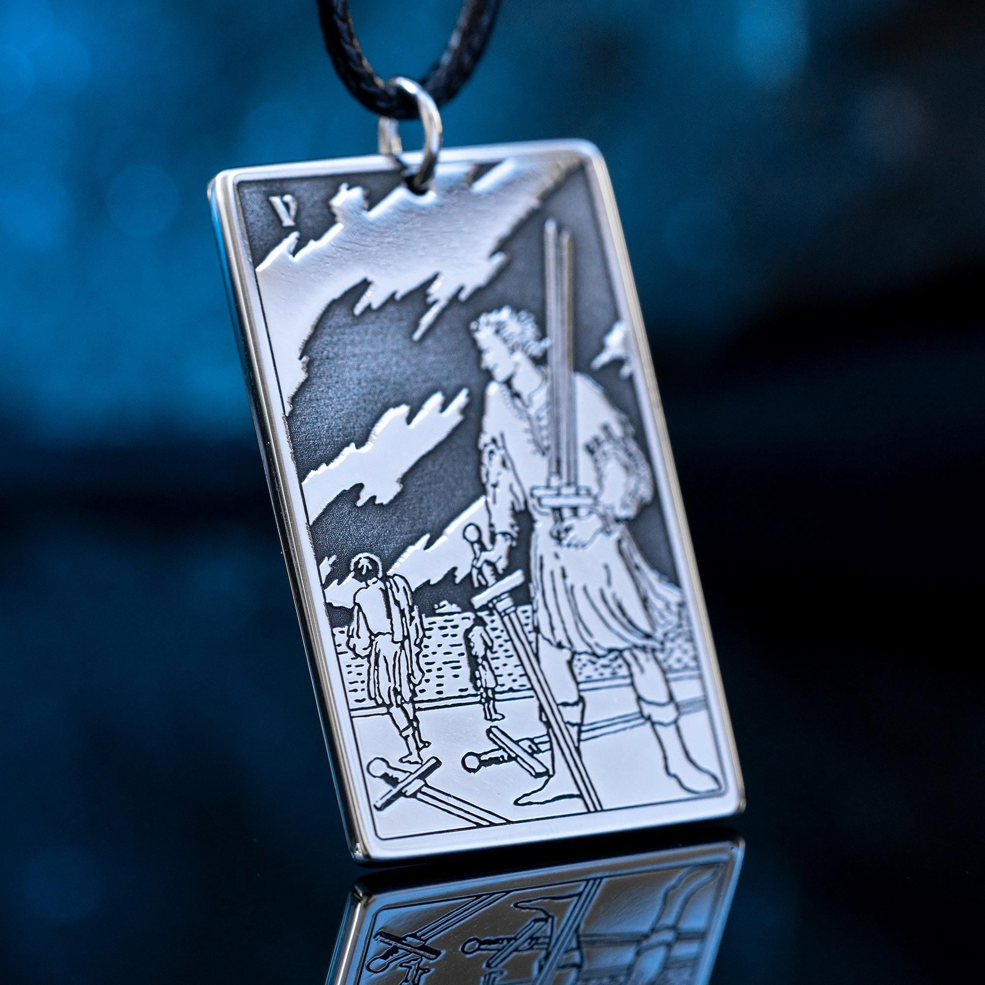 Five of Swords Tarot Card Pendant: Stainless Steel Occult Amulet