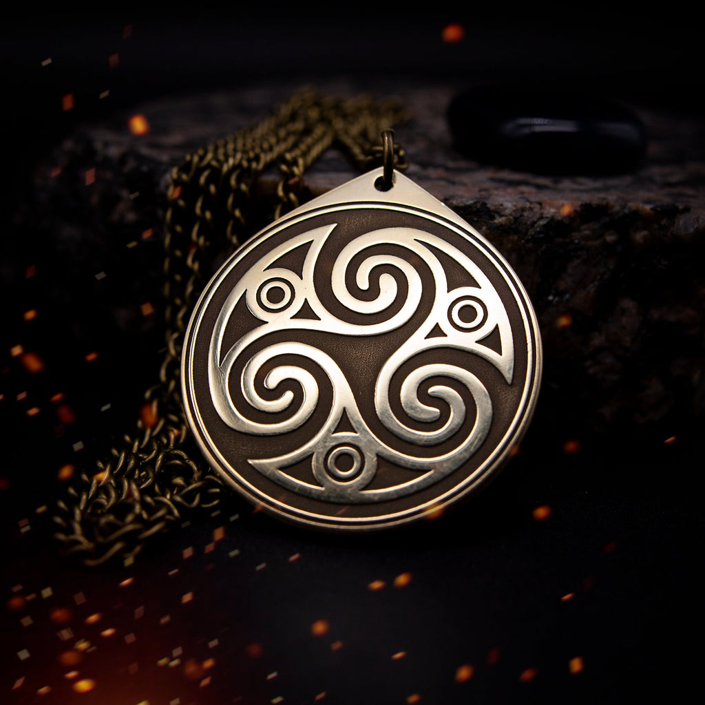 Triskele Pendant: Brass Celtic Triple Spiral Amulet