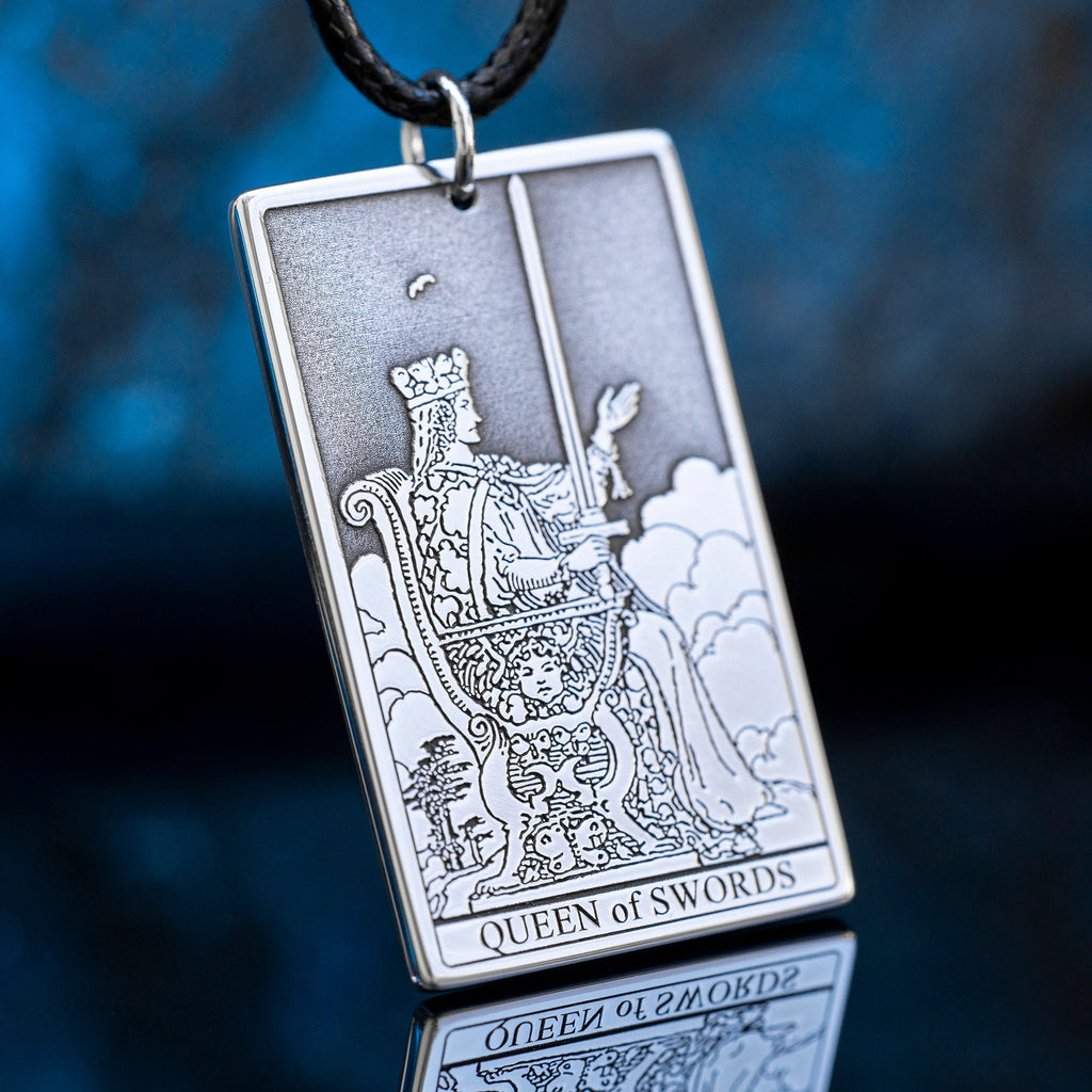 Queen of Swords Tarot Card Pendant: Stainless Steel Occult Amulet