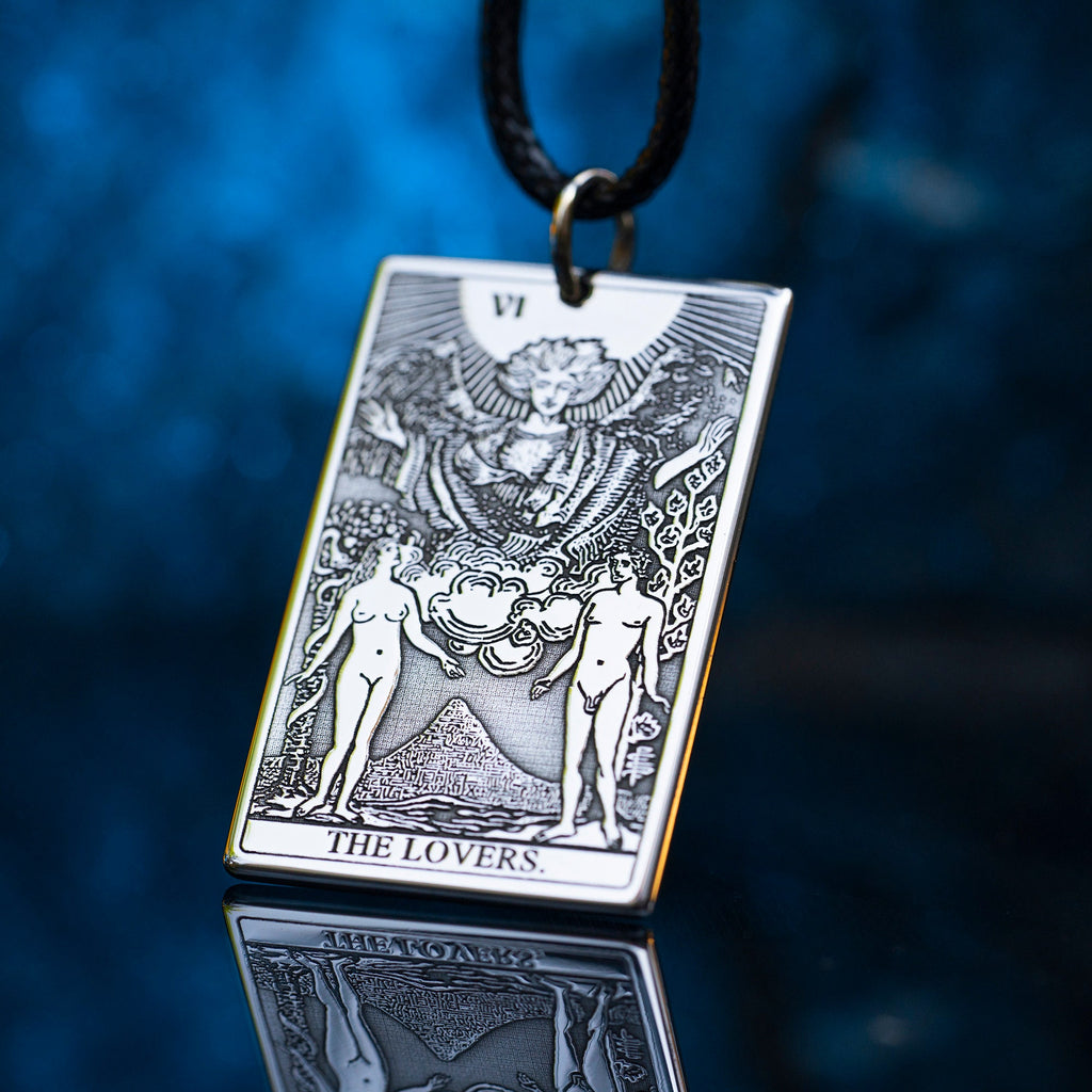 The Lovers Tarot Card Pendant: Stainless Steel Occult Amulet