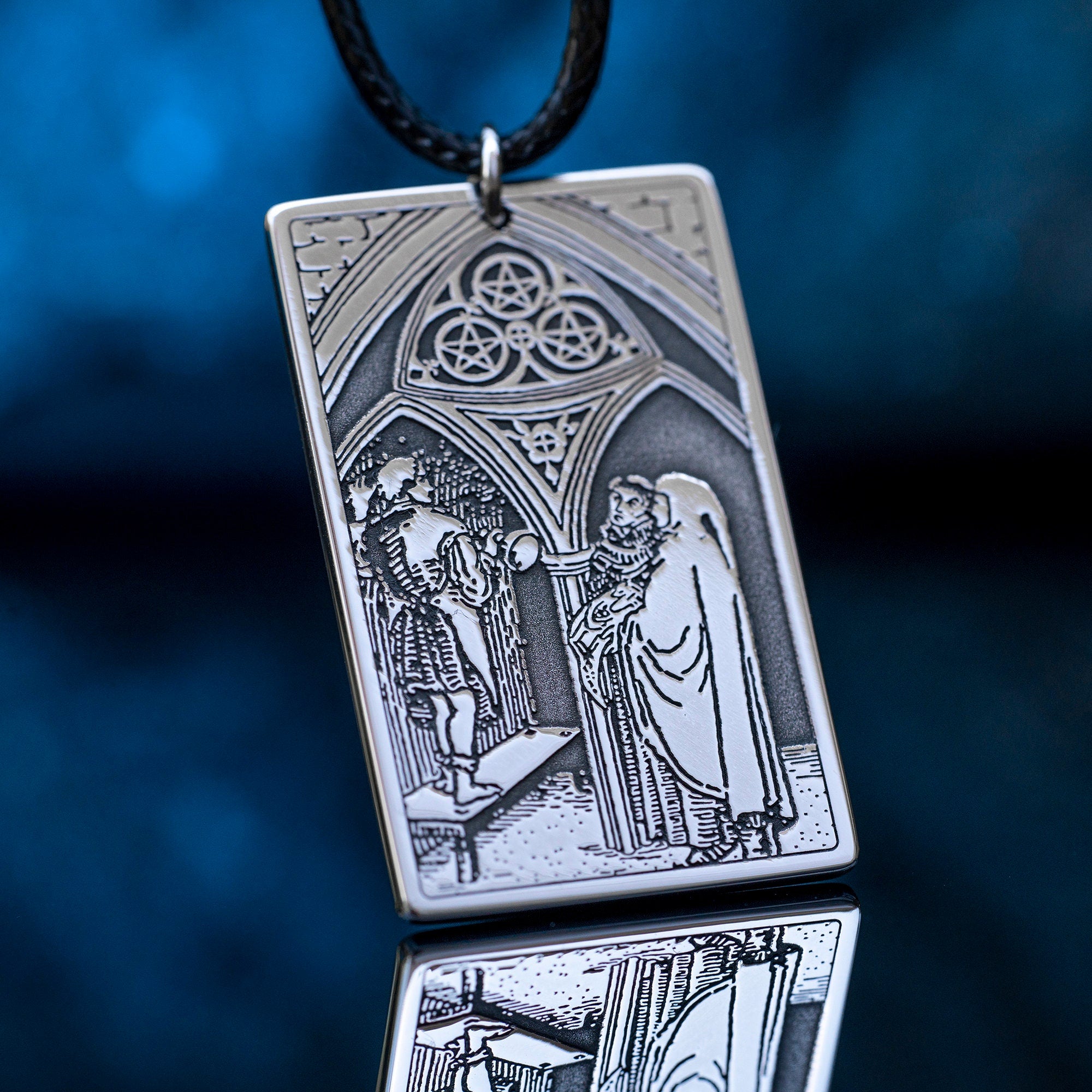 Three of Pentacles Tarot Card Pendant: High Arcana Occult Amulet