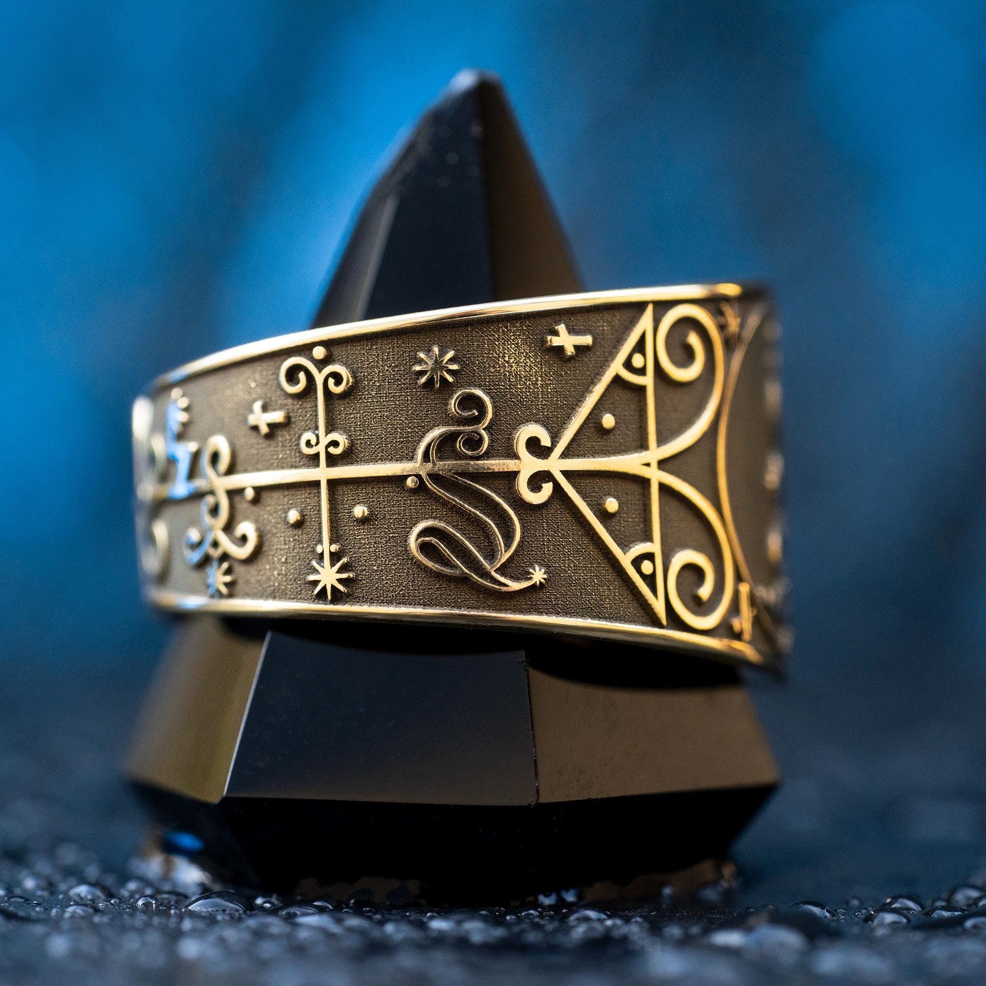 Papa Loko Ring: Vodou Veve Seal Amulet, Adjustable Brass