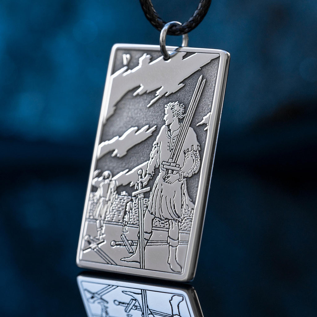Five of Swords Tarot Card Pendant: Stainless Steel Occult Amulet