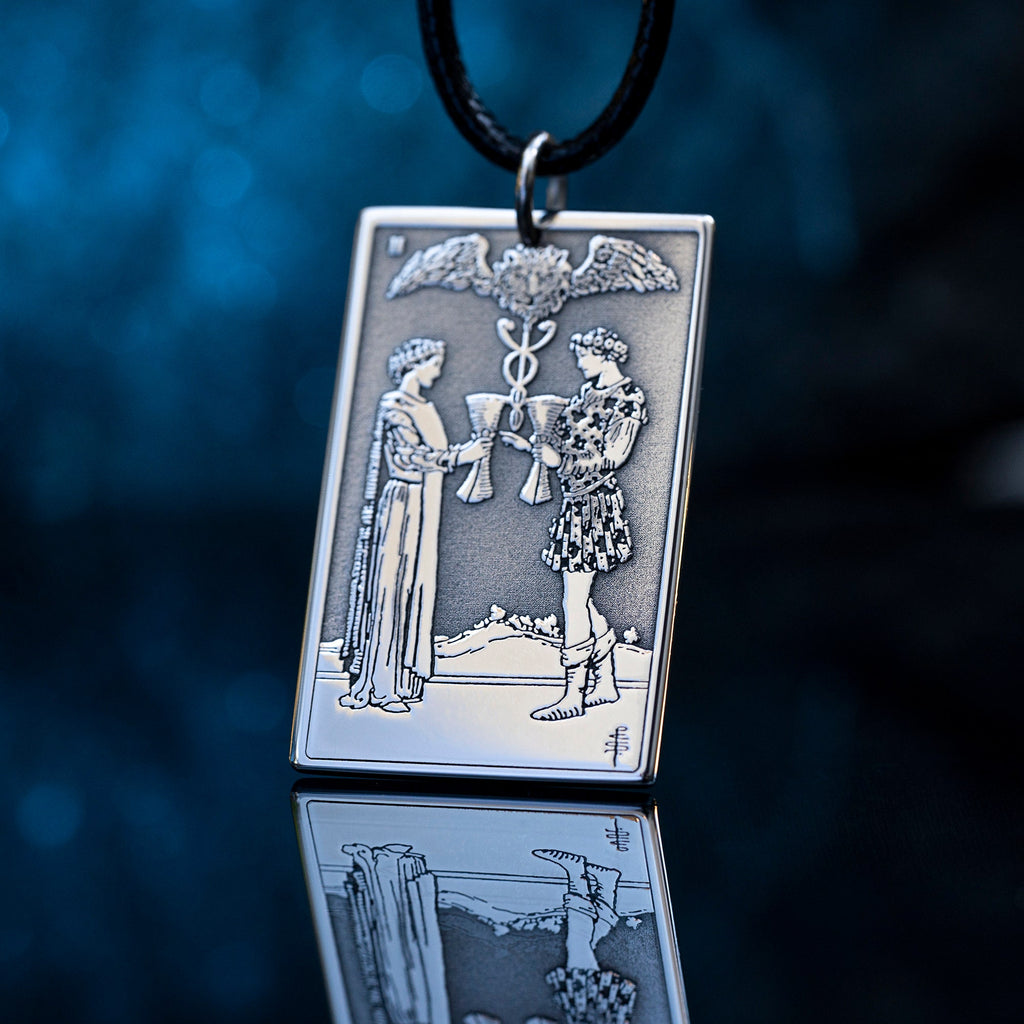 Two of Cups Tarot Card Pendant: Stainless Steel Occult Amulet