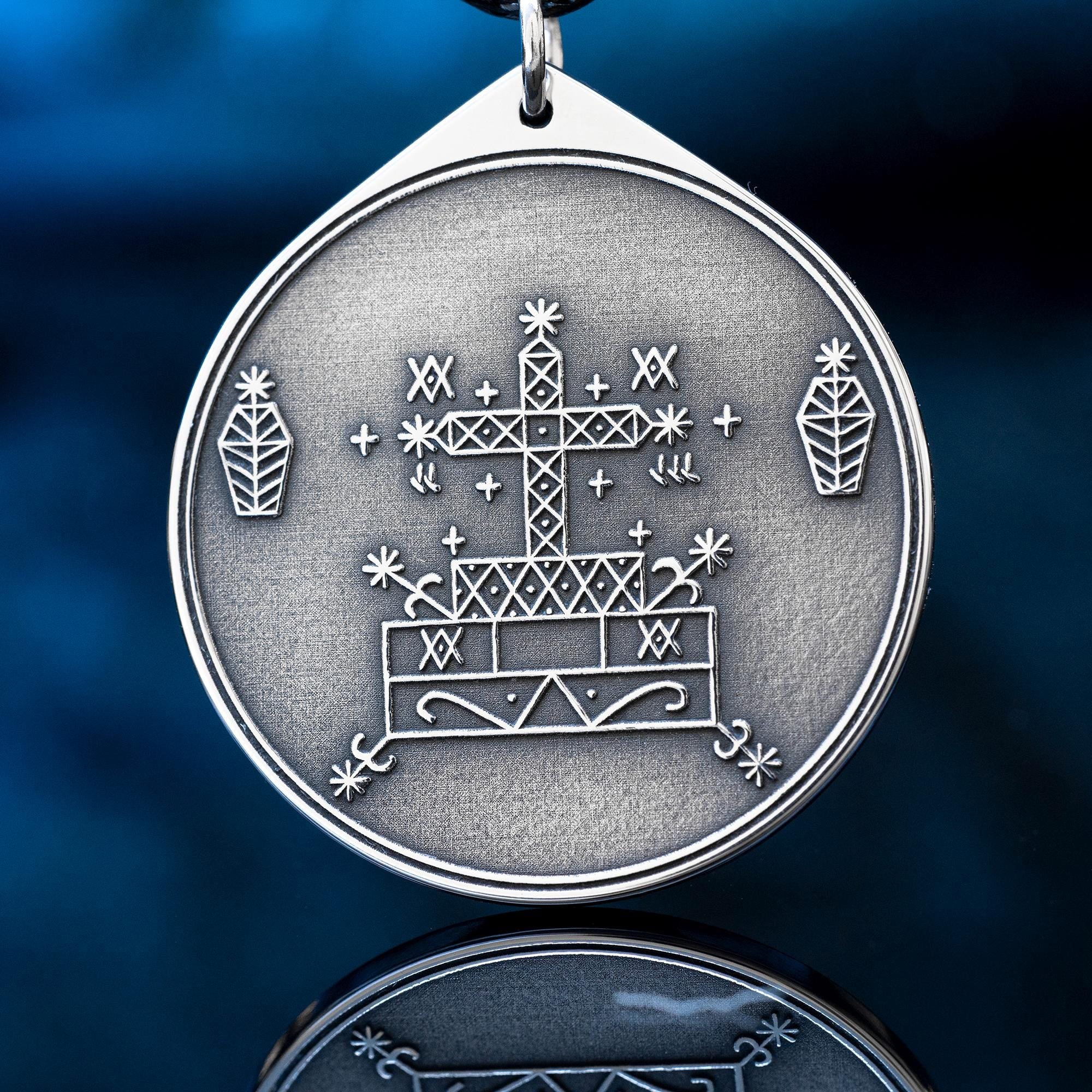 Baron Samedi Veve Amulet Pendant: Vodou Loa Seal, Stainless Steel