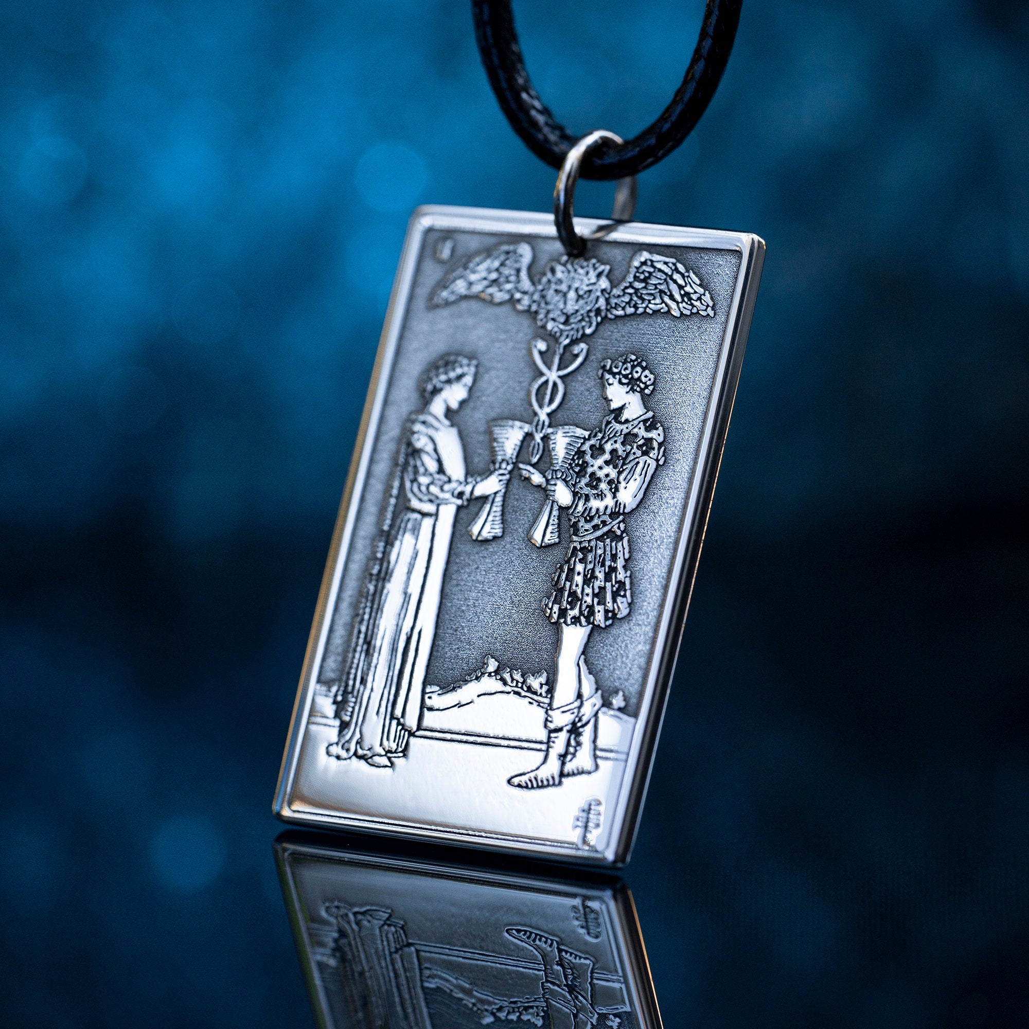 Two of Cups Tarot Card Pendant: Stainless Steel Occult Amulet