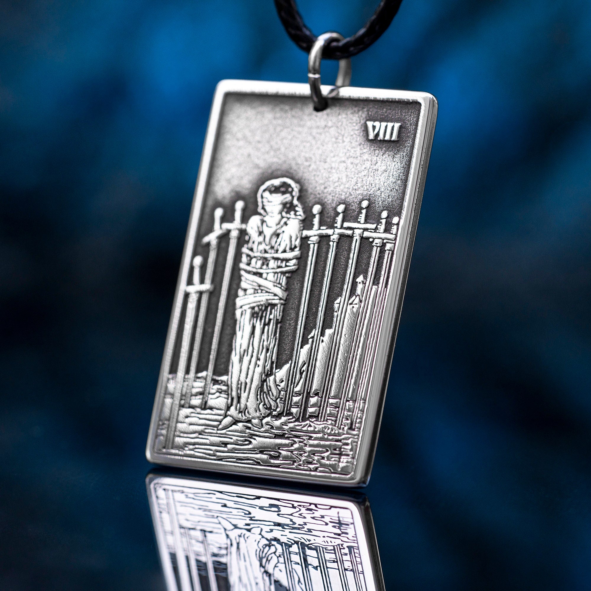 Eight of Swords Tarot Card Pendant: Stainless Steel Occult Amulet