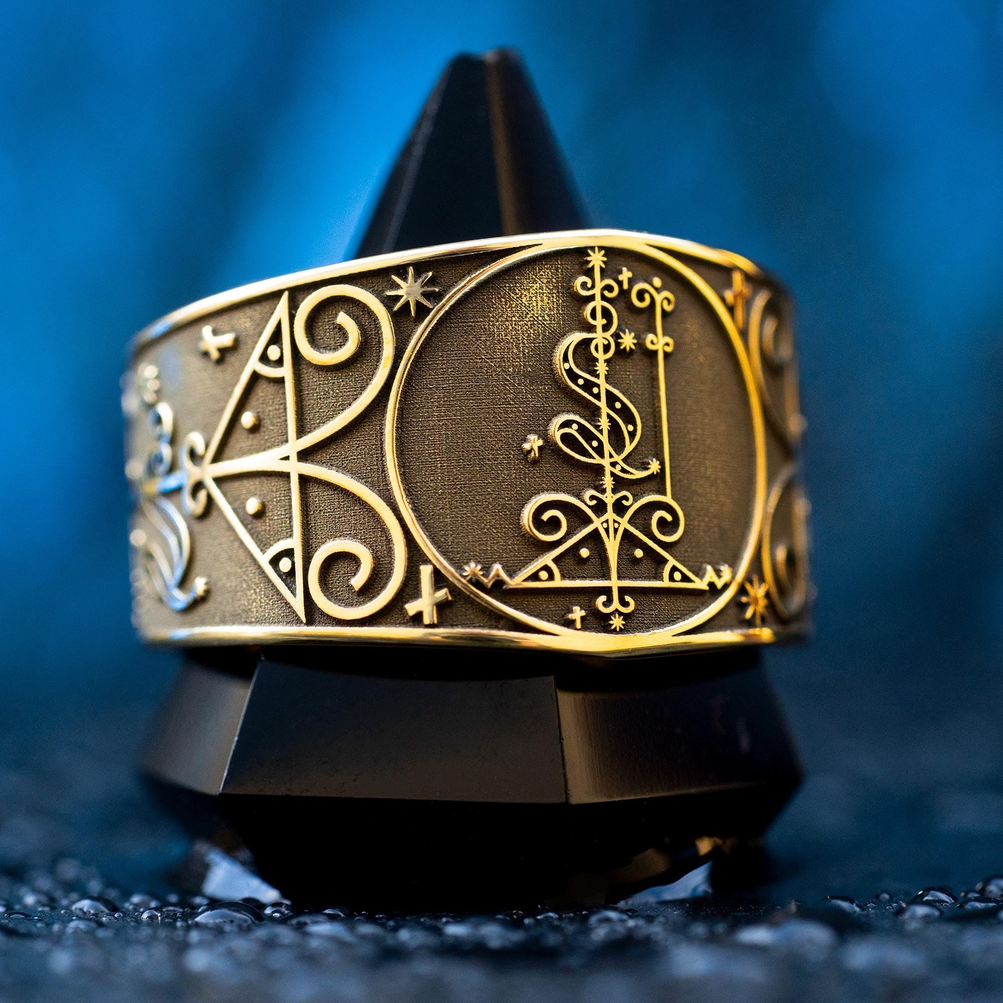 Papa Loko Ring: Vodou Veve Seal Amulet, Adjustable Brass